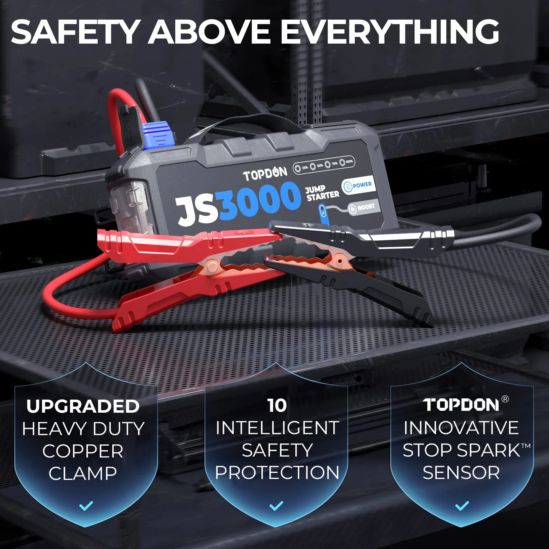 TOPDON Avviatore di emergenza, Avviatore di emergenza per batteria di picco da 3000A per motori diesel fino a 9L/7L, Starter di emergenza per batteria portatile da 12V con cavi jumper