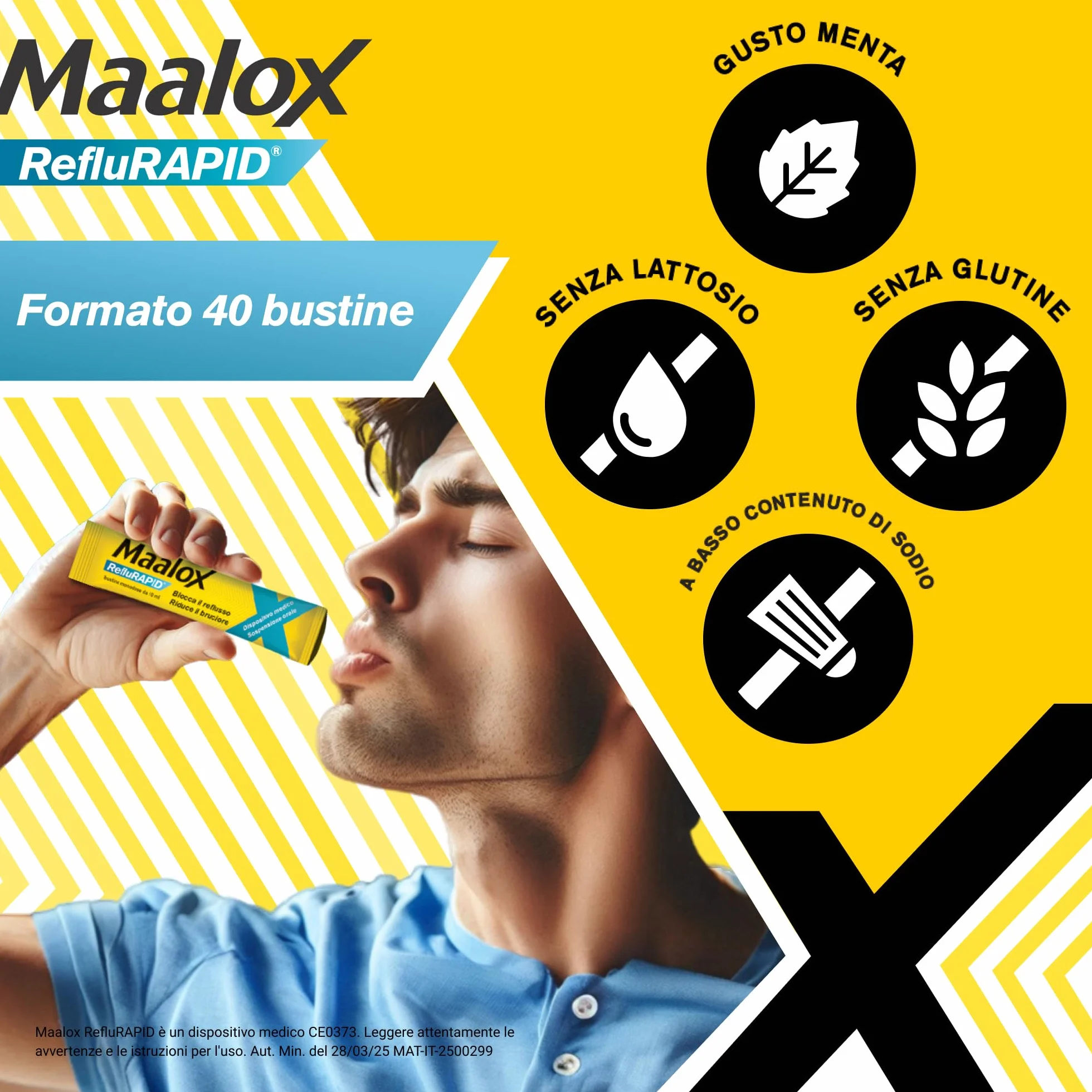 Maalox Reflurapid 40 Bustine Gusto Menta Blocca Reflusso Gastroesofageo Riduce Bruciore Acidità Stomaco Bicarbonato di Sodio Senza Glutine Lattosio