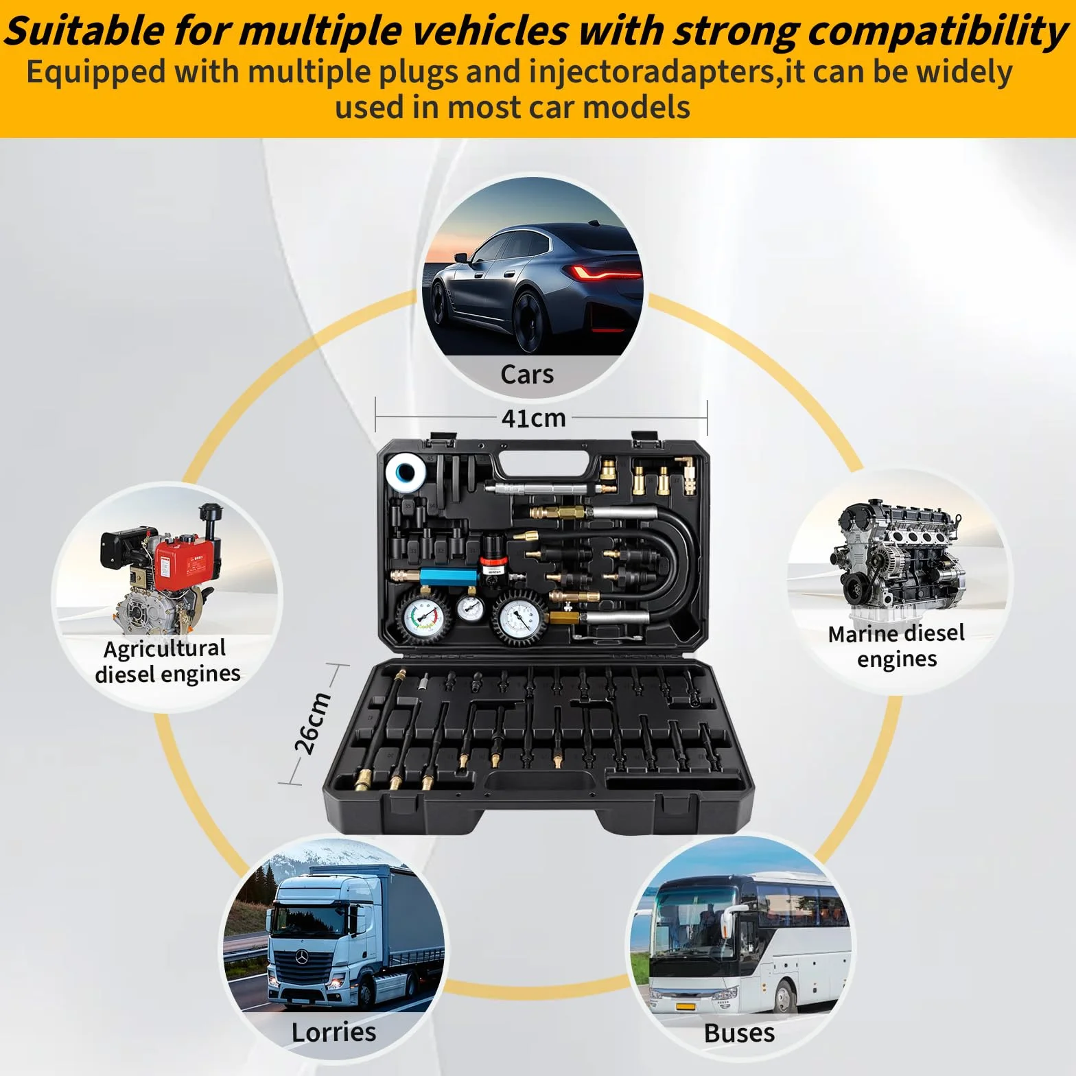 CPROSP 46 pezzi Tester di Compressione e Perdita di Pressione (0-50 Bar / 0-7 Bar), Prova Compressione Motore Benzina e Diesel, Compatibile HDI, TDCi, per Auto, Camion, Bus, Moto