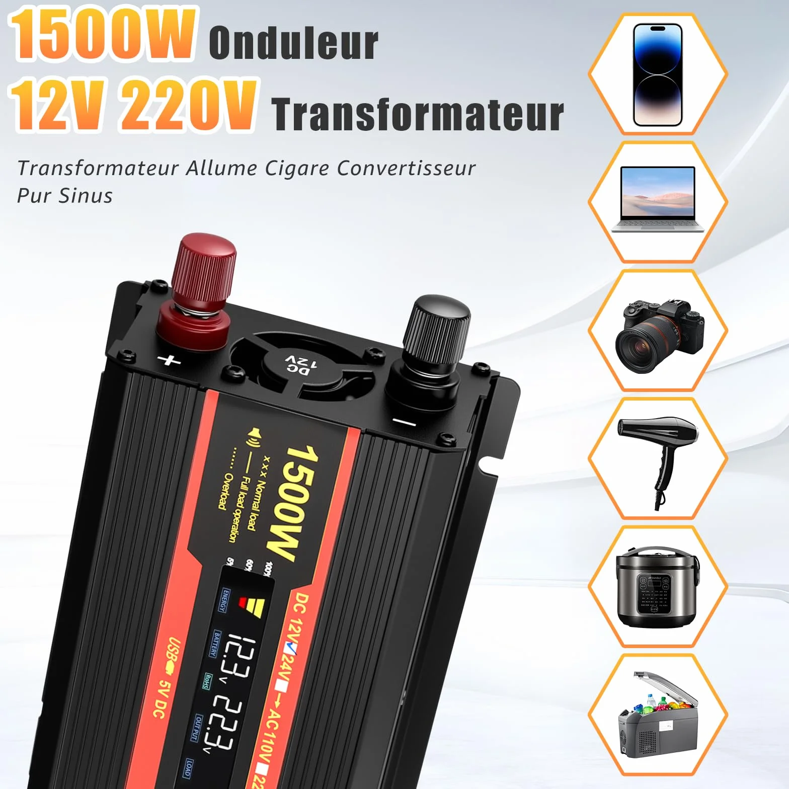Inverter 1500 W 12 V 220 V Sinus puro Convertitore Auto Camper Camion 2 x USB