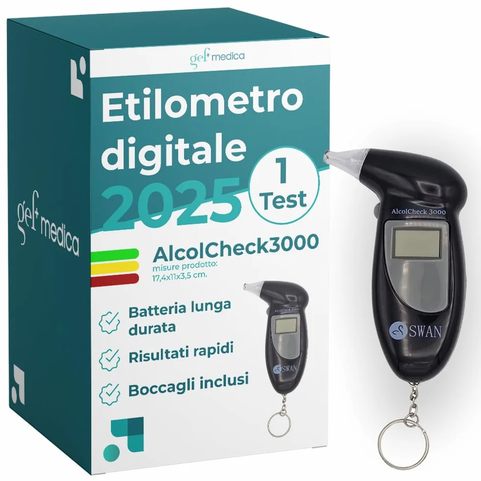 Etilometro Digitale AlcolCheck 3000, Test Rapido del Tasso Alcolemico, Display LCD, Allarme Sonoro, Facile da Usare, Risultato in Pochi Secondi, Compatto e Portatile (1)