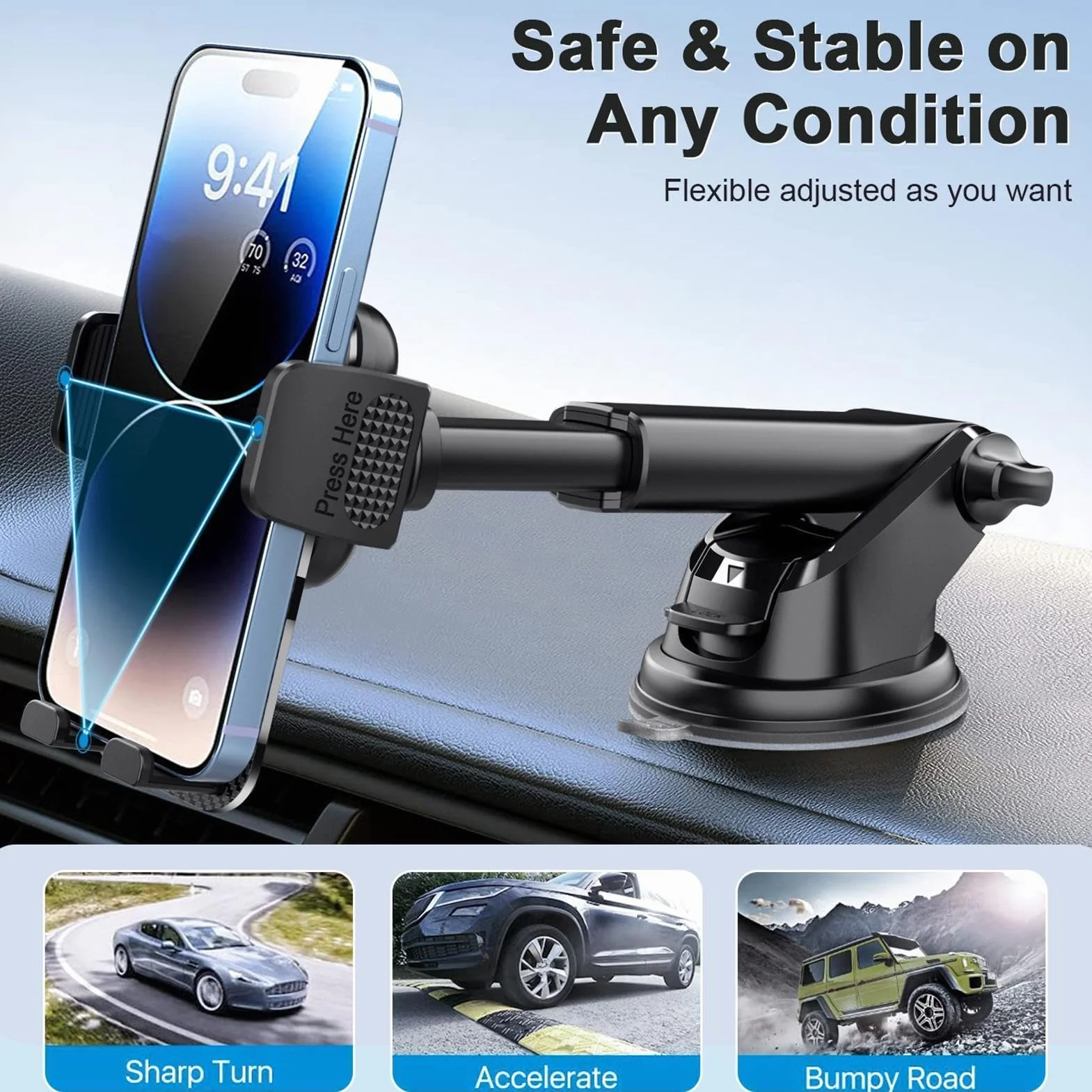 Generico per Telefono per Auto Regolabile, per cruscotto con, Rotazione a 360° con Presa sicura, Mobile per Automobile per Navigazione, Accessorio per Veicolo con Design