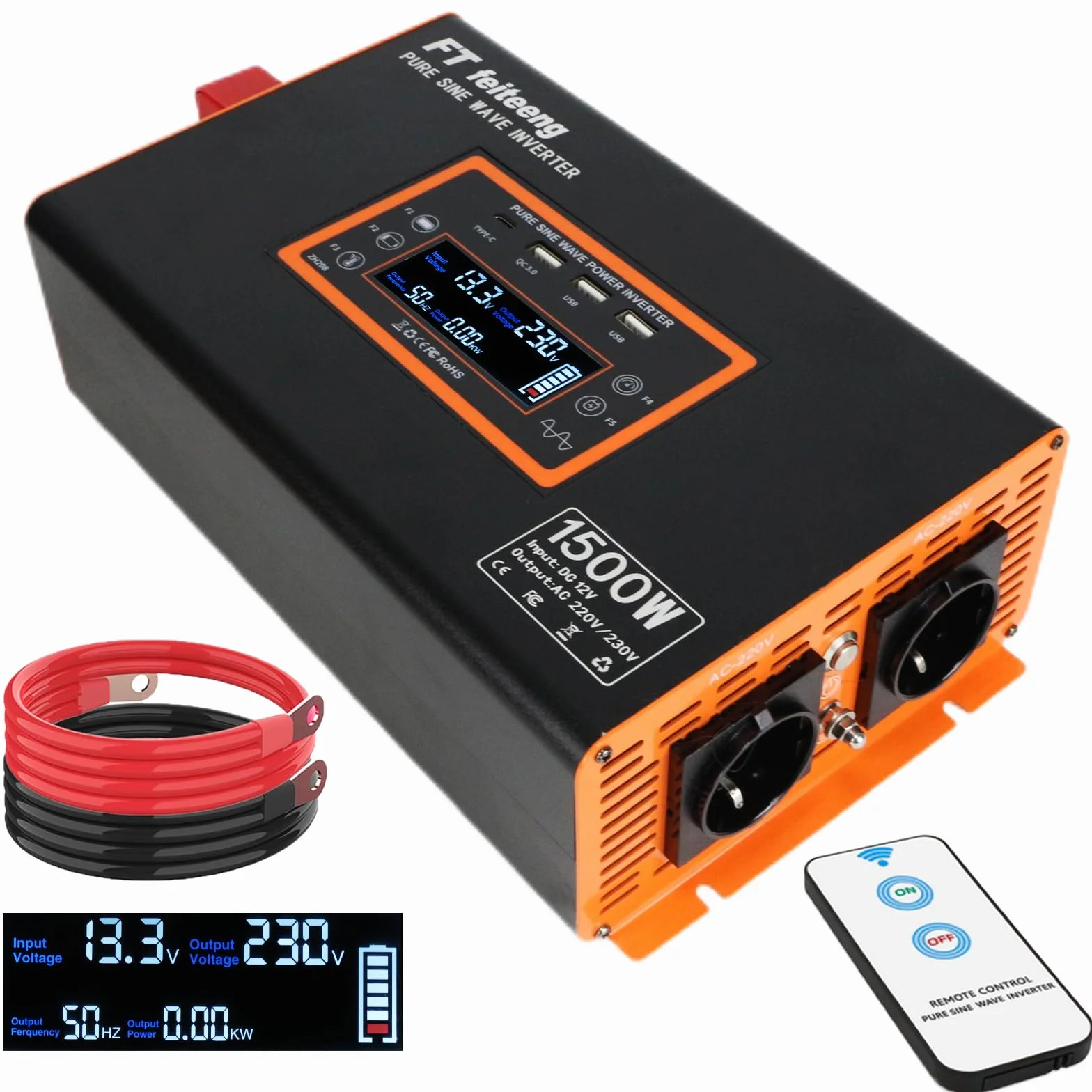 1500W/3000W Pure Sine Wave Inverter 12V 220V LCD Display with Remote, USB-C & QC 3.0 for Car, Camper, Truck
