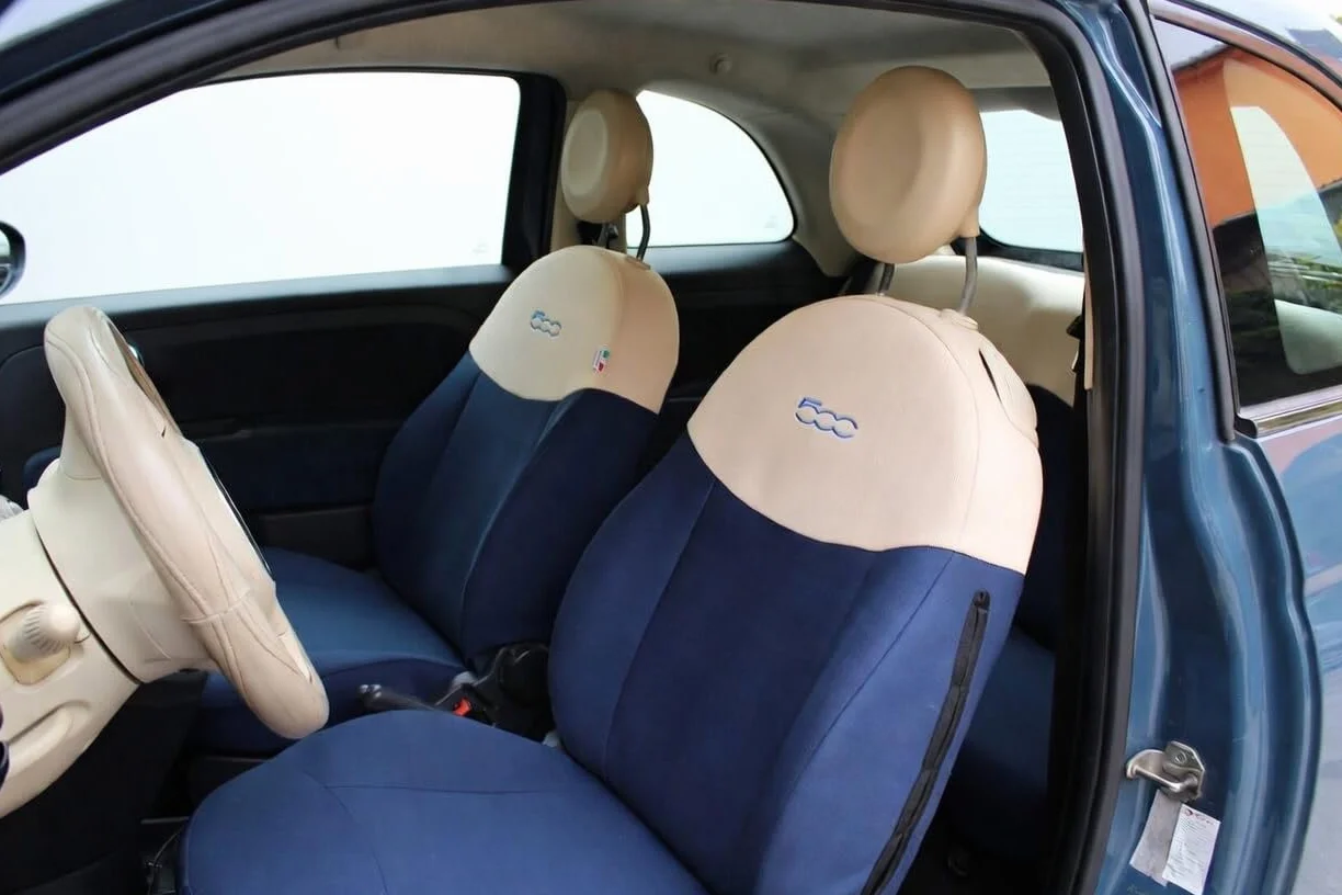 Italfodere Coprisedili Auto Compatibili con Fiat 500 – Fodere Complete Blu/Panna (Posteriore Intero (4 Poggiatesta))