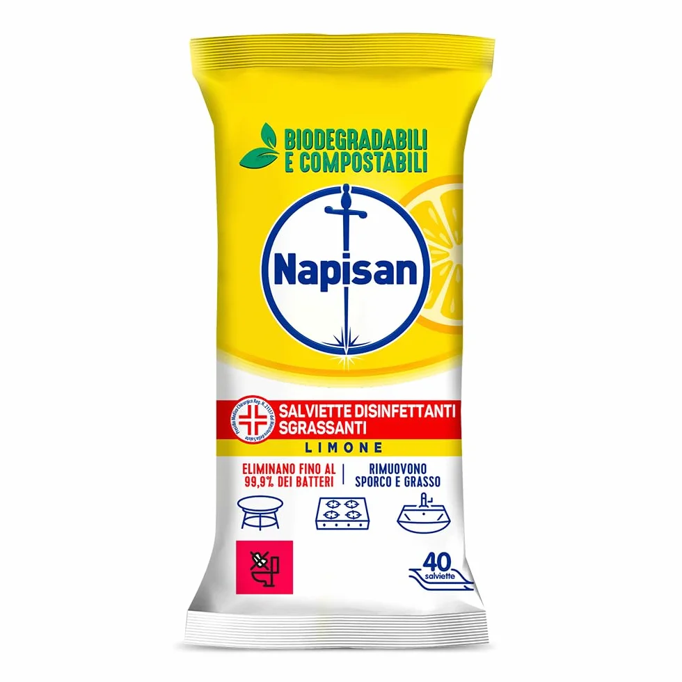 Napisan Salviette Disinfettanti al Limone Confezione 8 Pacchi x 40 Salviette Multisuperfici Biodegradabili