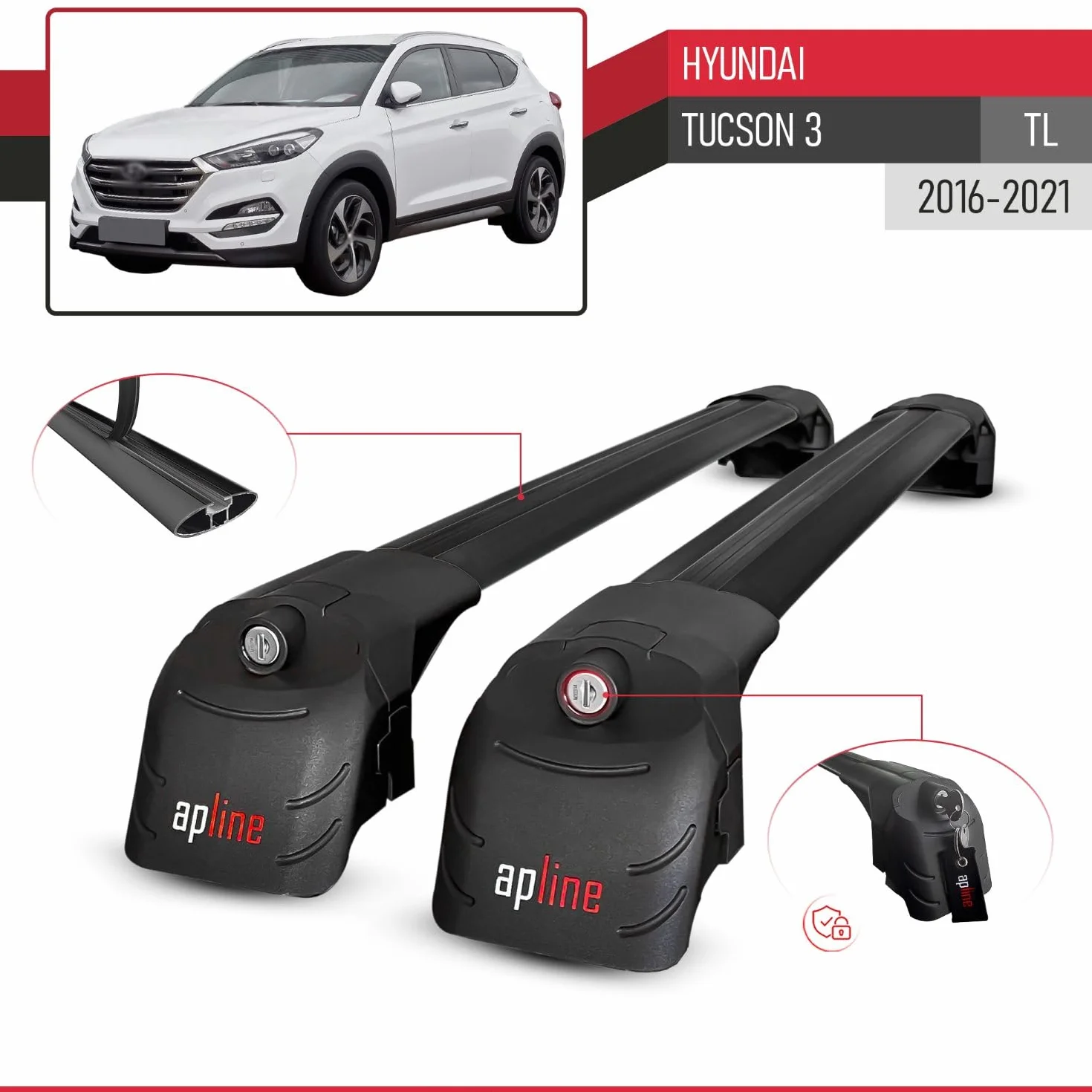 Compatibile con Hyundai Tucson 3 (TL) 2016-2021 Ace-2 Barre Tetto Portapacchi Auto Barre Portatutto Nero Alluminio 2 Barre