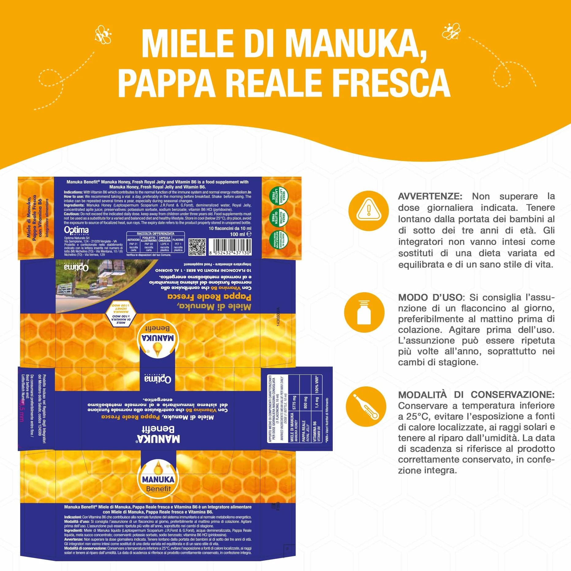 Pappa Reale Fresca con Miele Di Manuka e Vitamina B6, 10 Flaconcini Da 10 ml