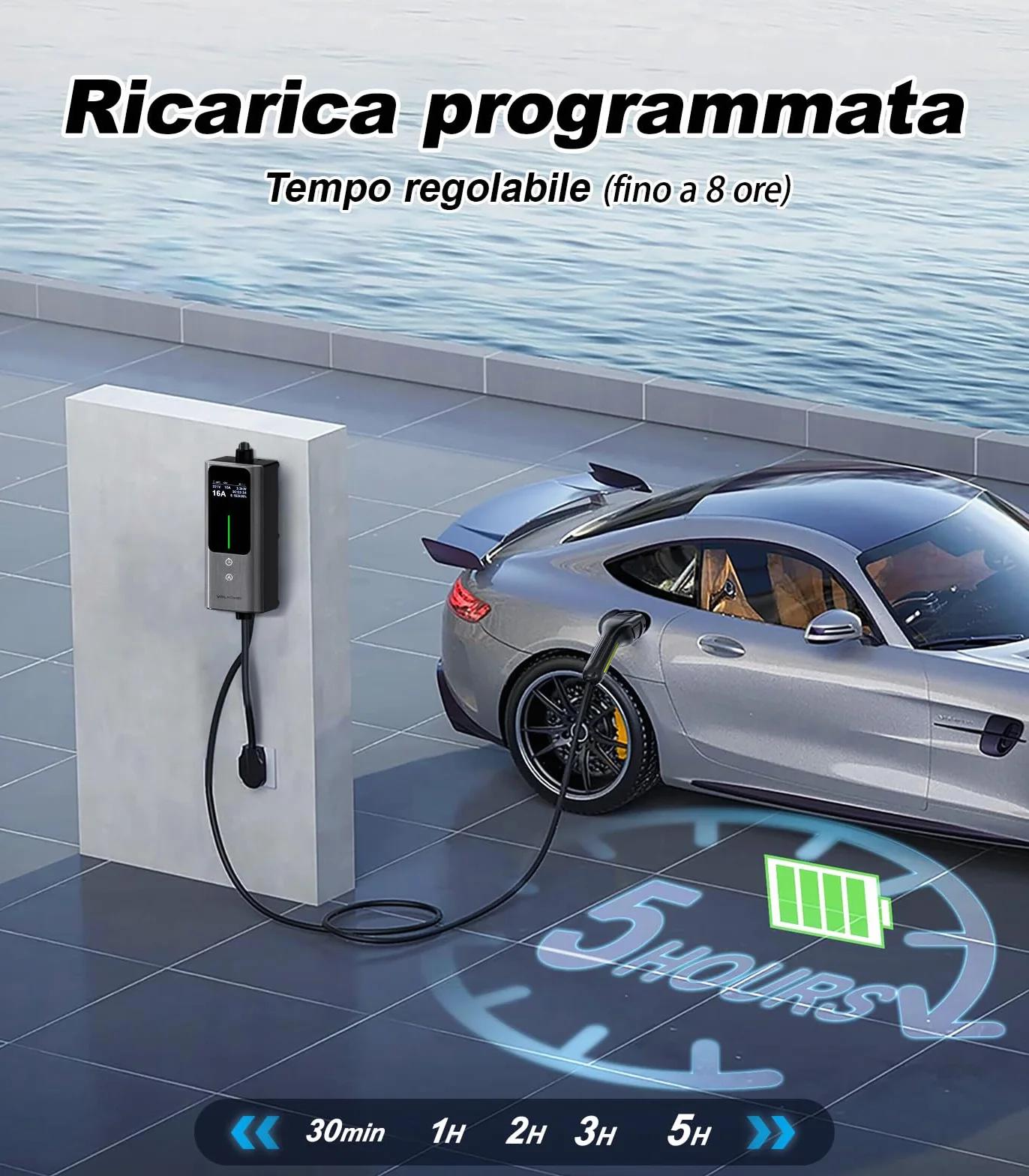 Cavo Ricarica Auto Elettrica 5m 3,6kW 16A Tipo 2 Schuko Wallbox LCD Controllo Digitale