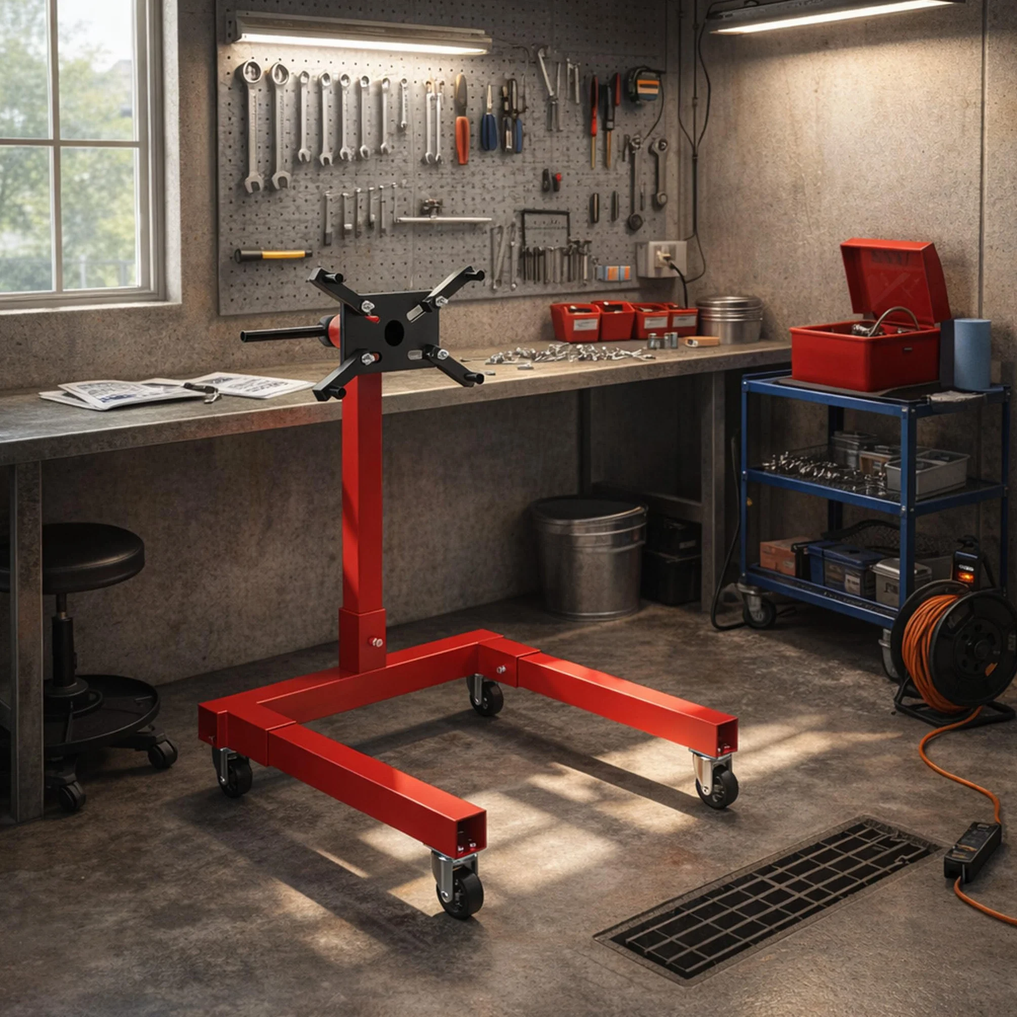 ACXIN Cavalletto motore 570 kg supporto girevole 360° sollevatore bracci regolabili 4 ruote acciaio laccato rosso