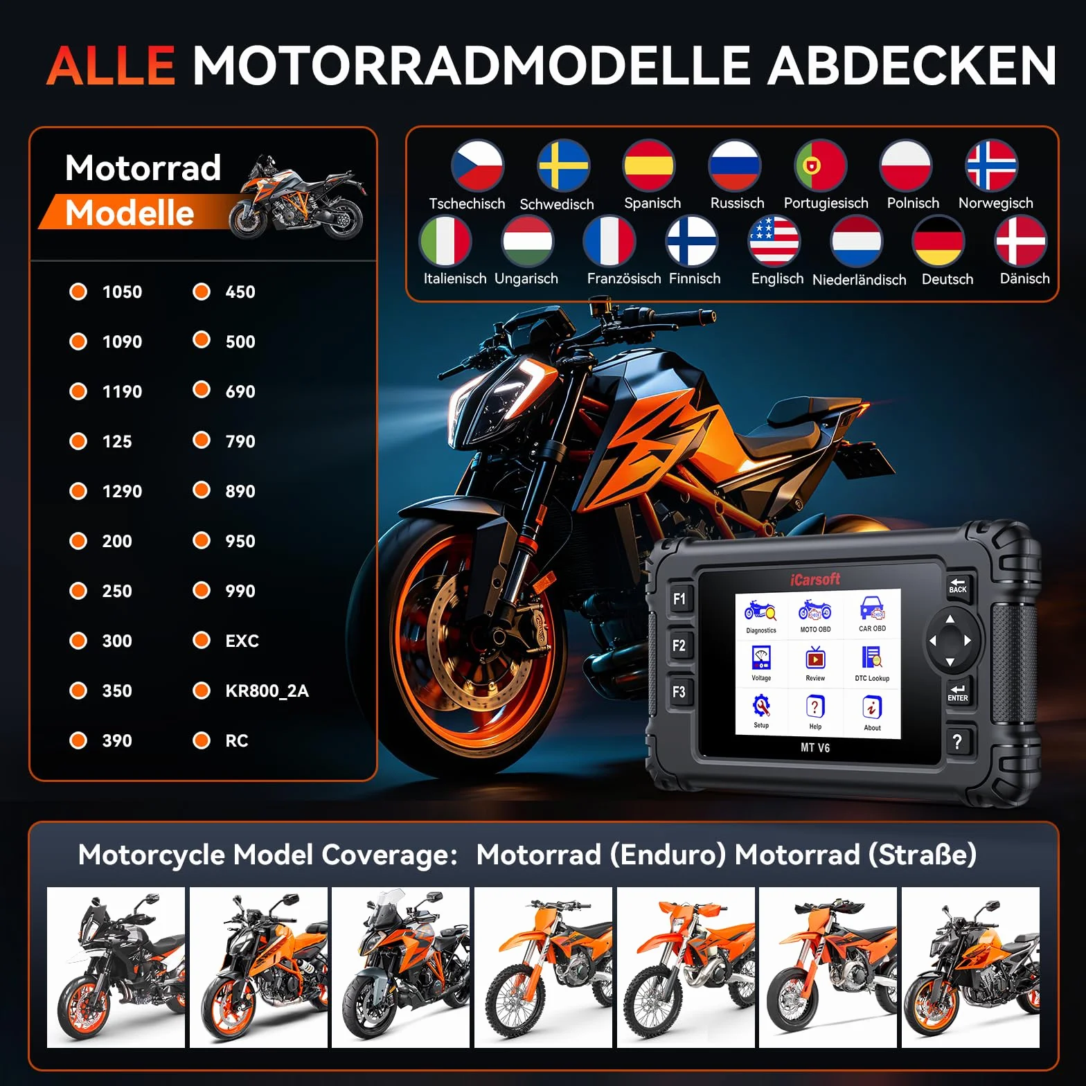 iCarsoft MT V6 Scanner OBD2 Diagnostica Moto KTM, 88 Servizi Manutenzione, 108 Test Attuatori, Test Batteria