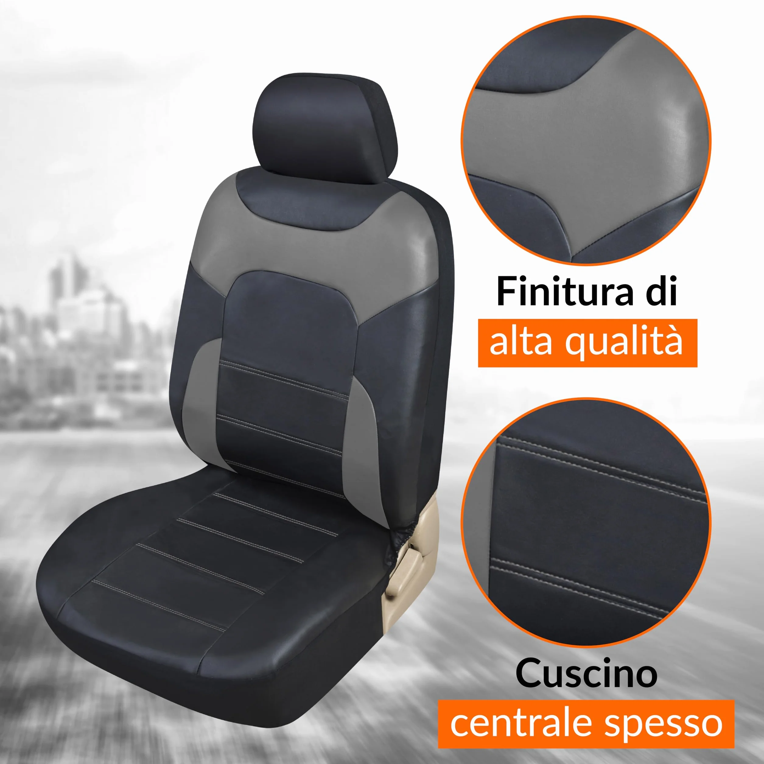 Coprisedili Auto Universali Ecopelle Grigio Set Completo Anteriore e Posteriore