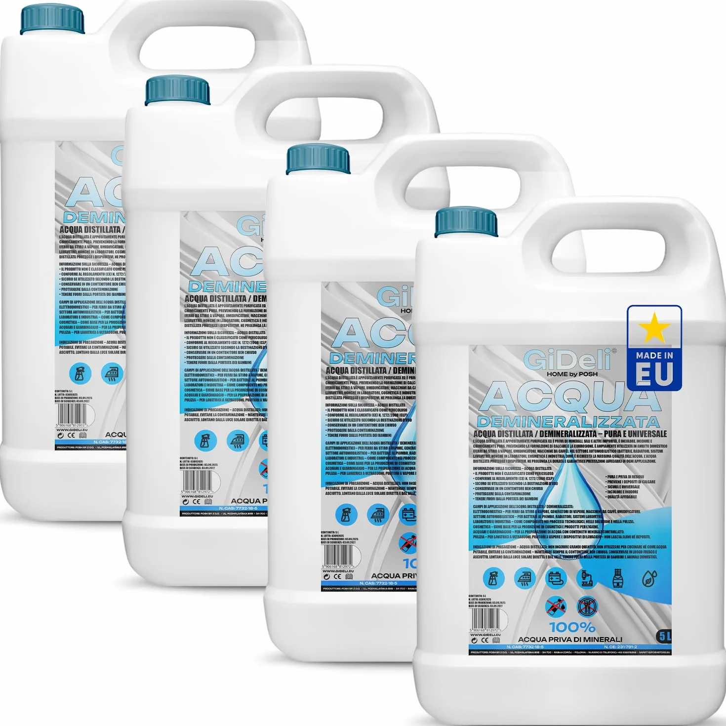 GiDeli Acqua demineralizzata 4 x 5 l per ferro da stiro, batterie, refrigeratore