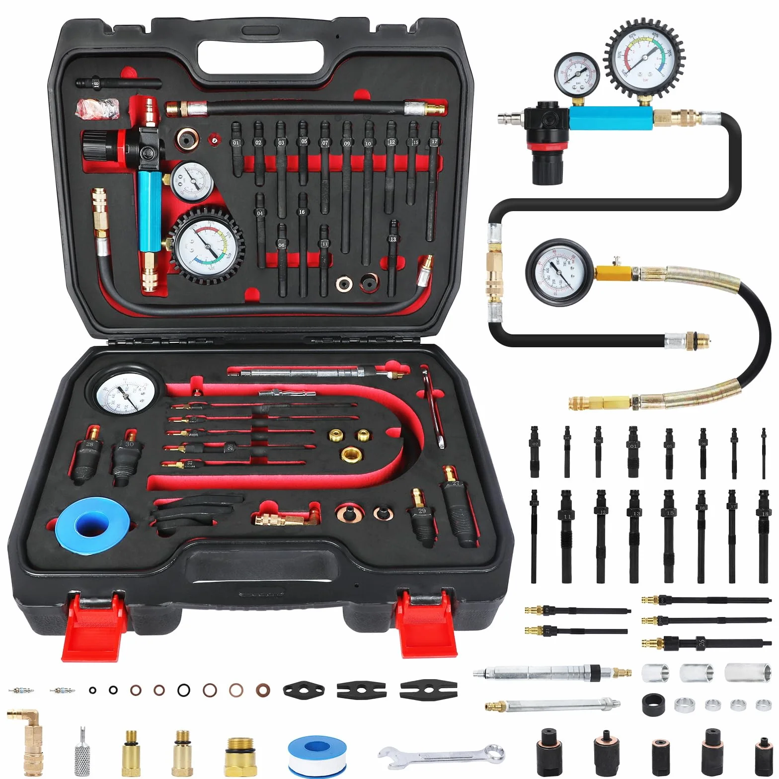Set di 46 Tester di Compressione Professionale per Auto, Tester di Perdita di Pressione per Motori Diesel e Benzina con Adattatore per Auto, Camion, Moto