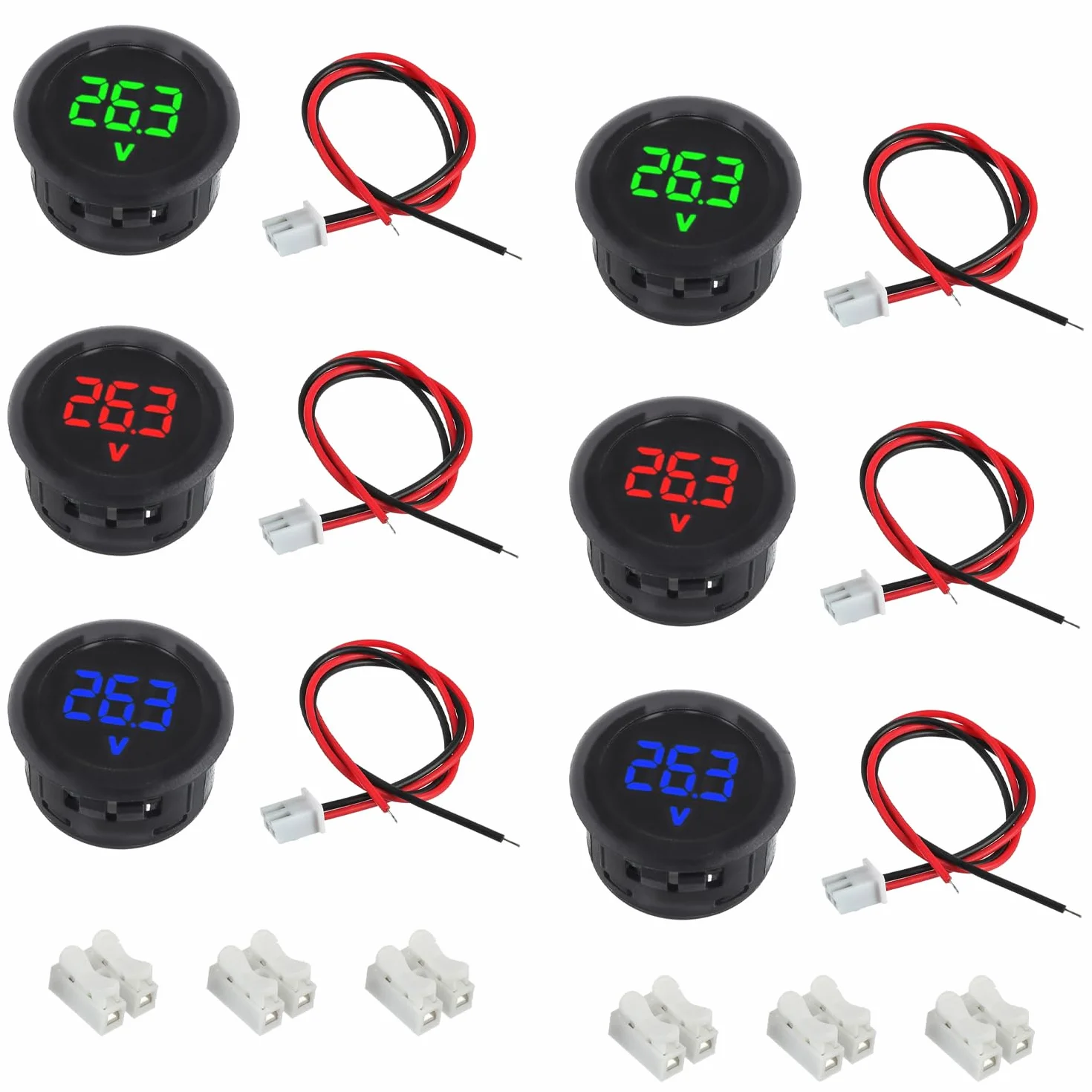 6 pezzi Voltmetro Digitale DC 4-100V, 3 cifre di 2 fili tester LED Display per Auto/Moto/Marina/Camion/Barca/Camper/Caravan (Rosso & Blu & Verde)