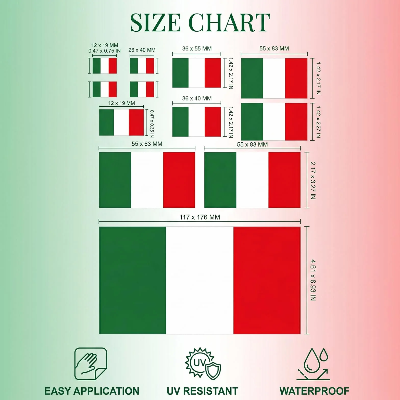 1 Pezzo Italia Adesivo Auto Quadrato Vinile Verde Bianco Rosso Autoadesivo Impermeabile Antigraffio Rimovibile Senza Residui Resistente ai UV per Auto Decorazione Camion Moto Bagagli