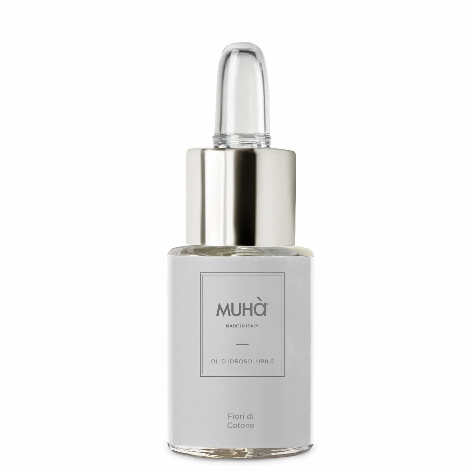 Muhà Olio Diffusore 15ml Idrosolubile Vetro Plastica Metallo Grigio Fiori di Cotone