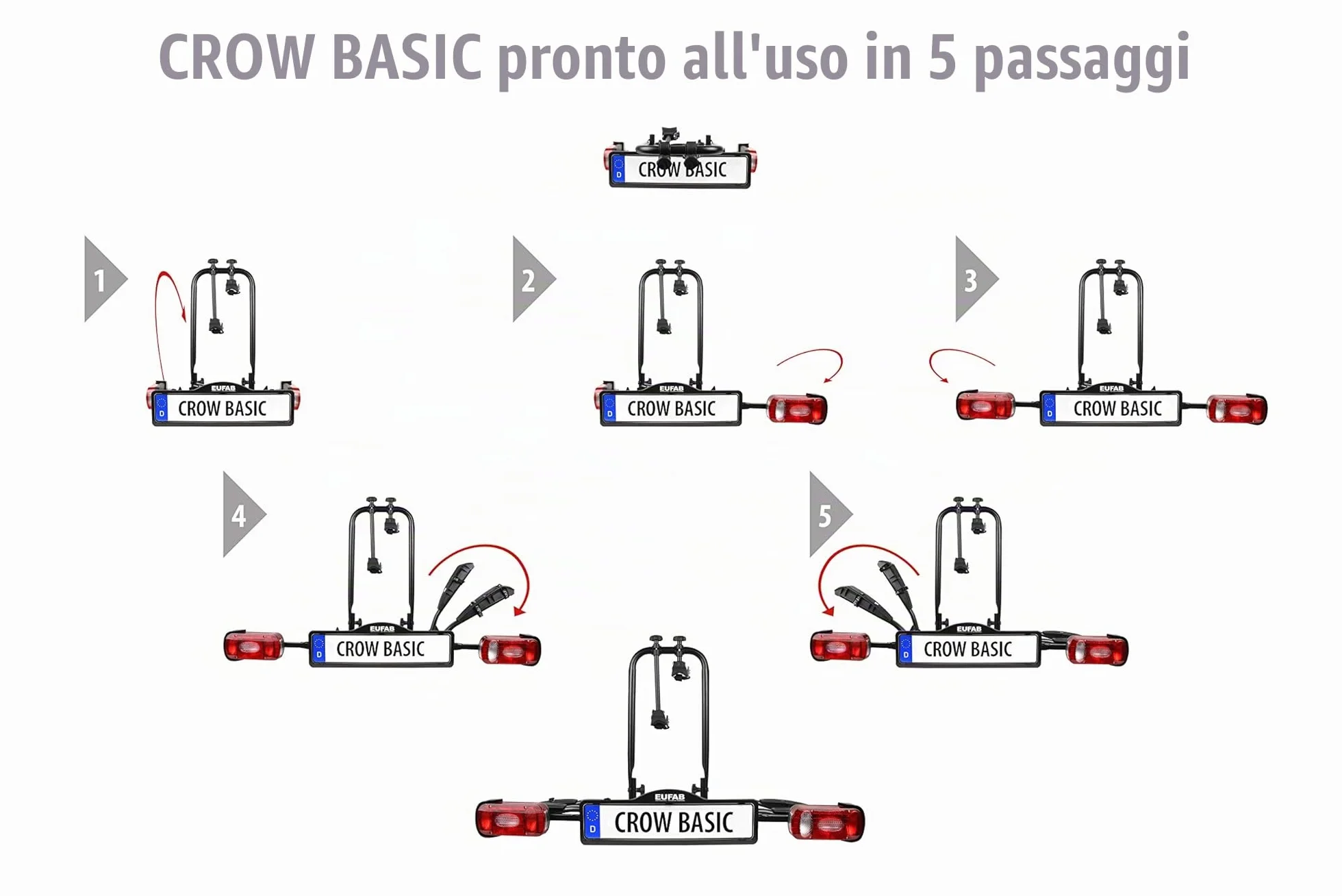 EUFAB 11569 - Portabici CROW BASIC, adatto per bici elettrica, parzialmente premontato, per 2 biciclette, per gancio di traino