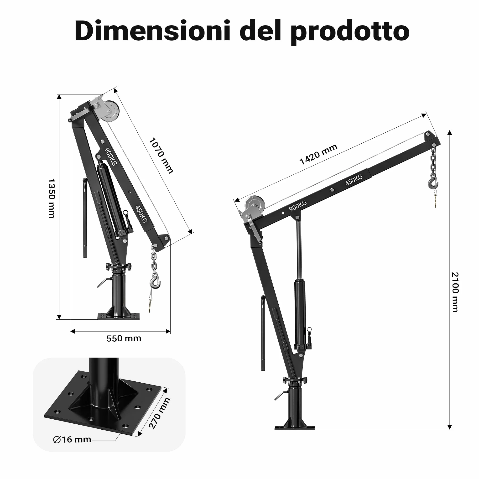 Wiltec Mini gru di sollevamento idraulica con verricello 900 kg 1800 mm girevole 360°