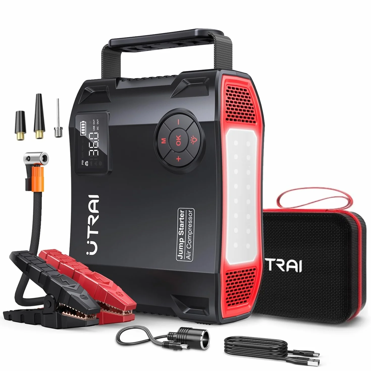 Avviatore Batteria Auto 8000A, UTRAI 27000mAh Avviatore Emergenza Auto con Compressore, DC160W Booster Avviamento Auto/Moto Portatile (Fino a Tutti i Benzina e 12L Diesel)/Doppia USB/1600 Lumen LED