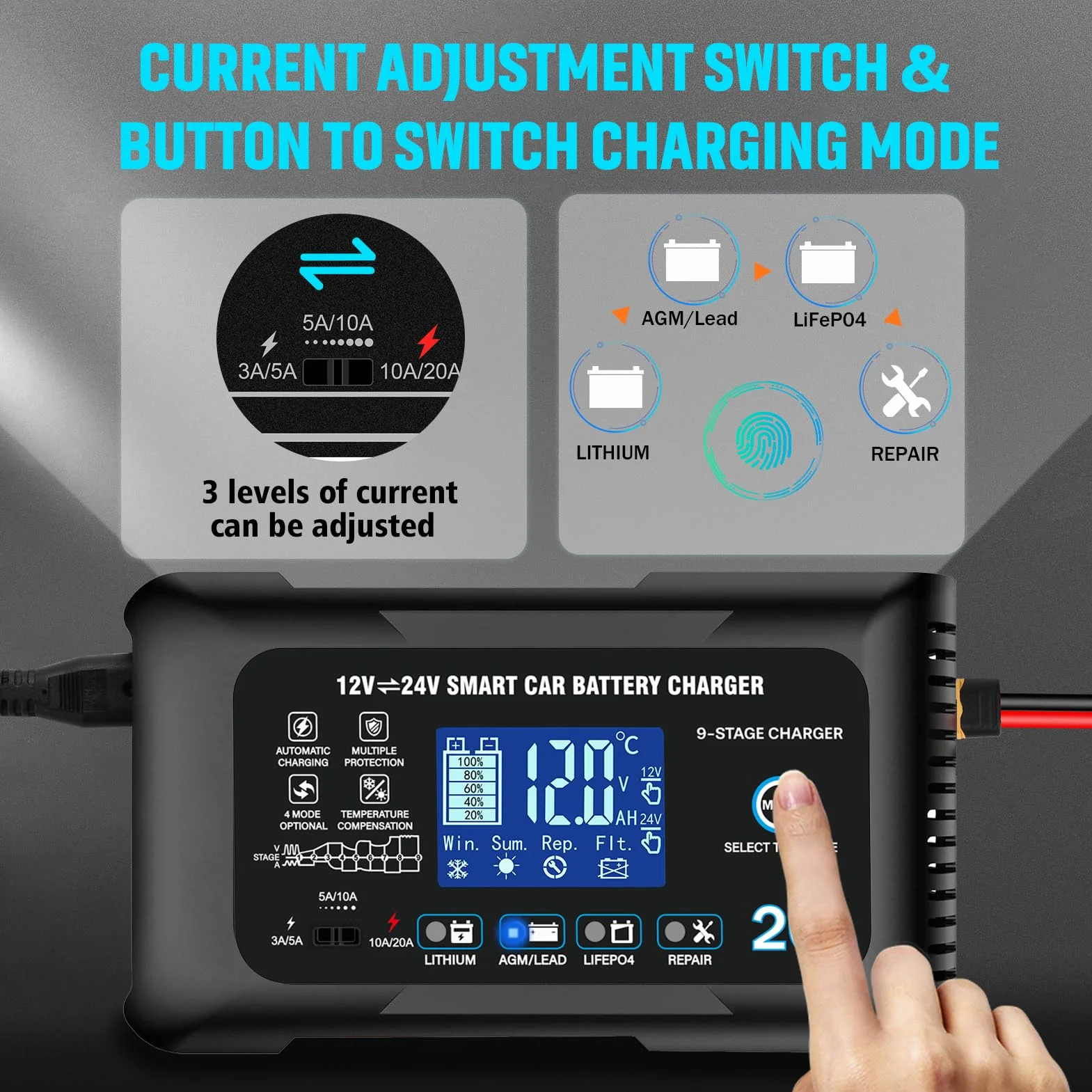 Haisito Caricabatterie da auto da 20 A, 12 V, 24 V, 20 A, caricatore di mantenimento e dispositivo di desolforazione, adatto per litio, LiFePO4, acido piombo (AGM, gel, ecc.) moto, auto, barche