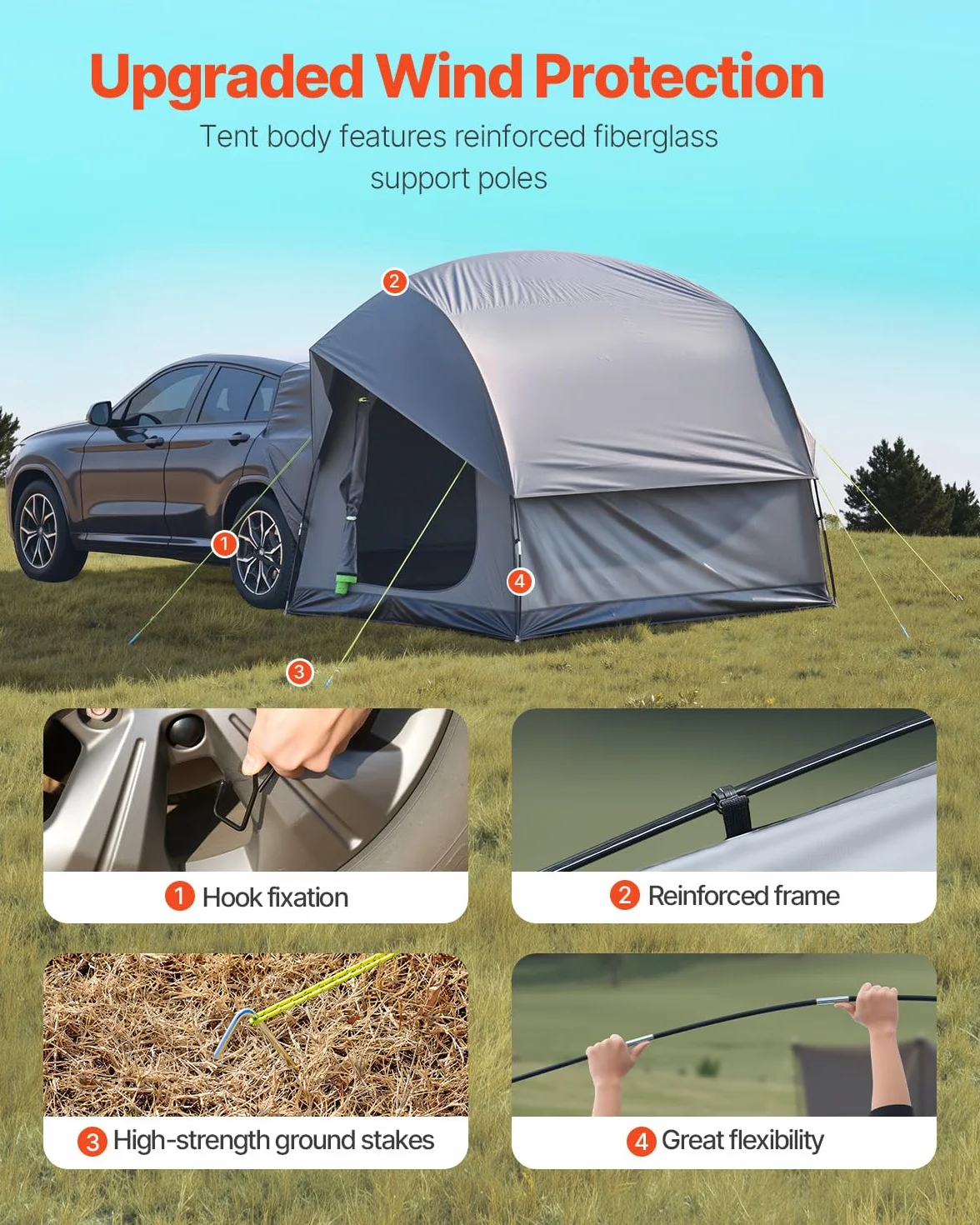 VEVOR Tenda da Campeggio per Auto SUV 240 x 240 x 215 cm Impermeabile PU2000 Design a Doppio Strato 5-8 Persone