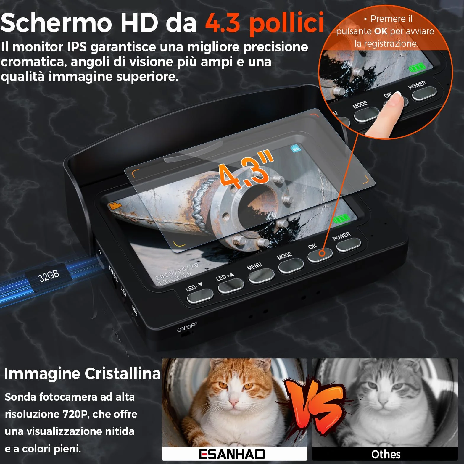 Telecamera di Ispezione 30m con DVR, Scheda 32GB, Batteria 5600 mAh, 12 LED