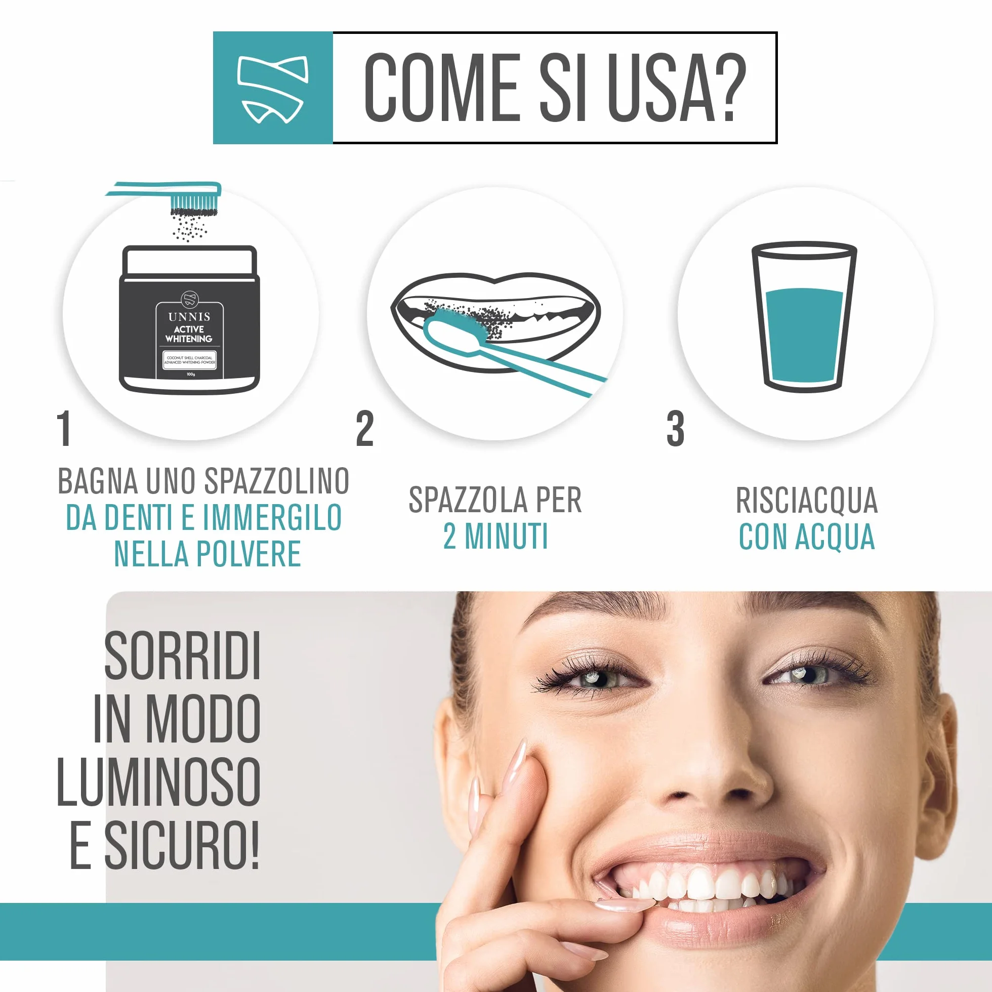 Polvere Sbiancante al Carbone per Denti, 100 g, Sbiancamento Naturale, Detox