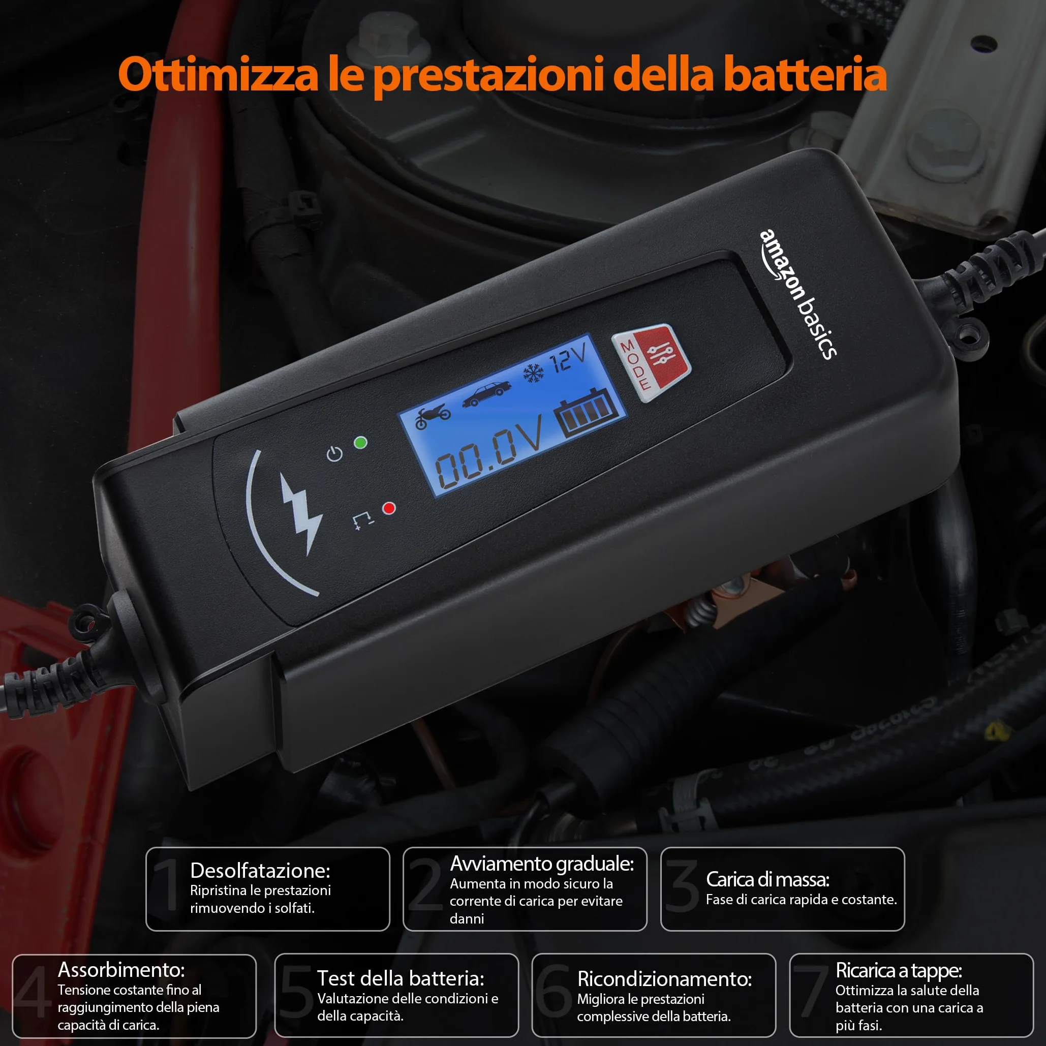 Amazon Basics Caricabatterie automatico intelligente 6V/12V 2A/4A tester batteria presa EU Nero