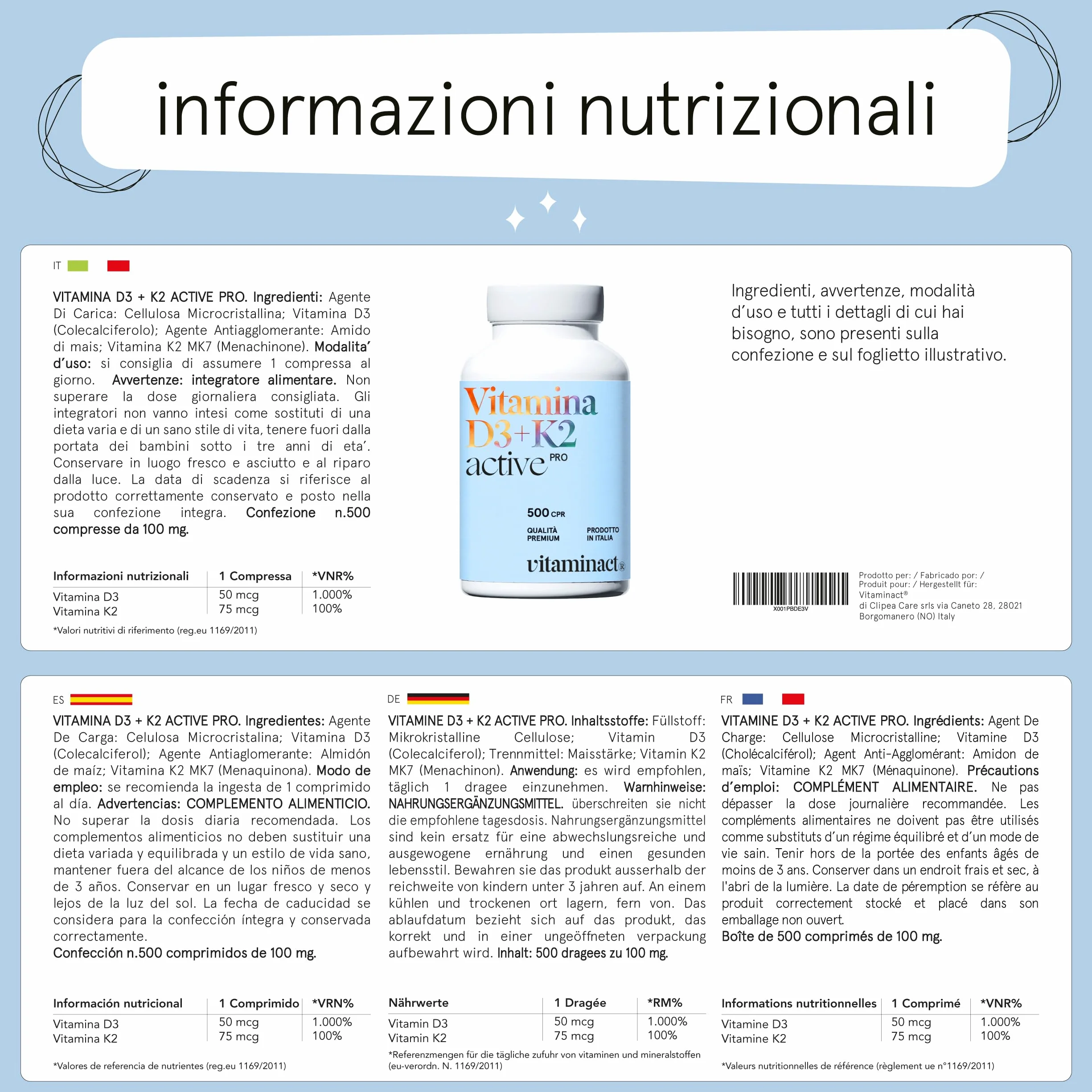 Vitamina D3 K2 500 Microcompresse – 2000 UI a Compressa, K2 MK7, Senza Biossido di Silice