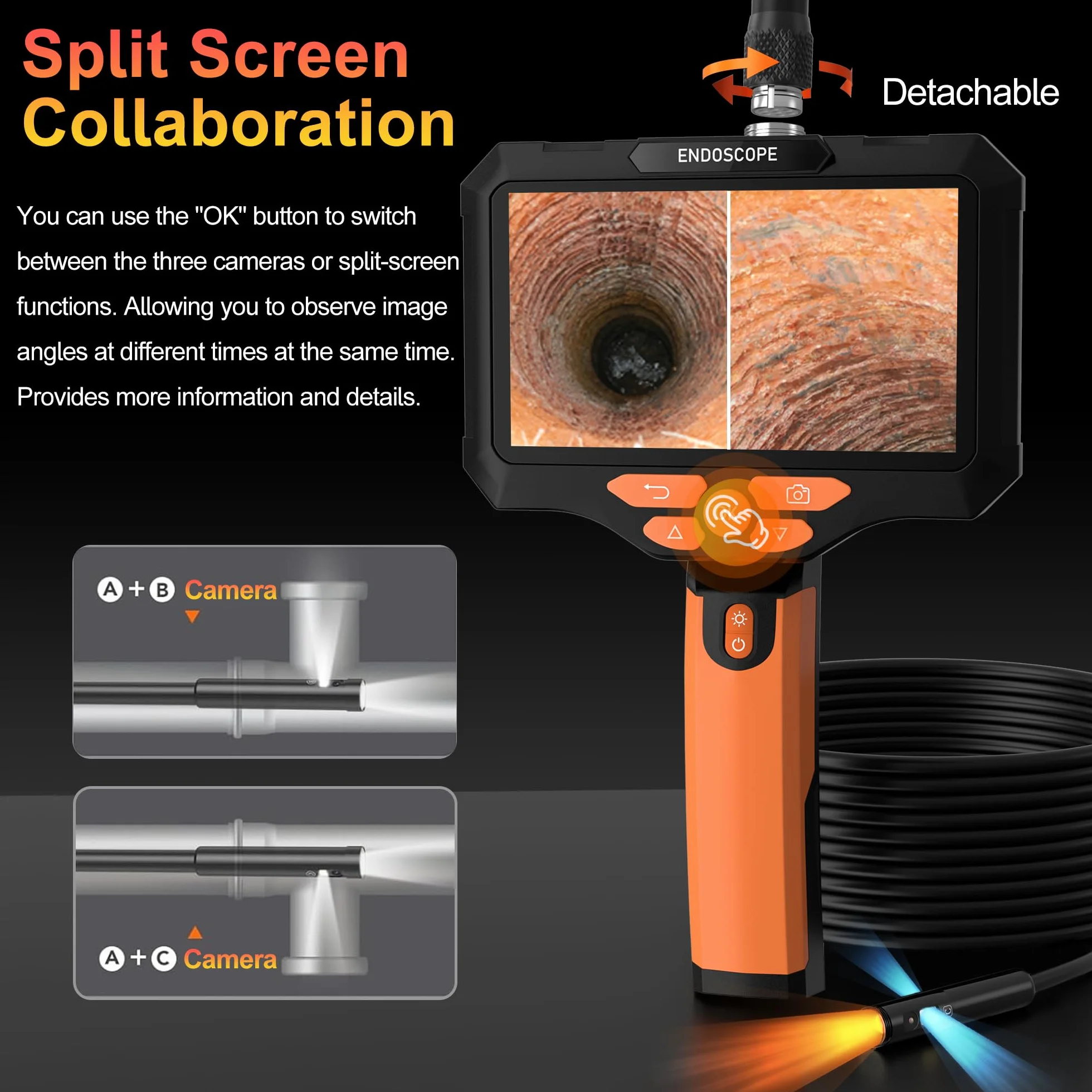 Telecamera Ispezione 10M Tre Lenti 1920p HD Endoscopica Tubi Schermo IPS 5 Pollici IP67 Sonda 8mm TF 64G