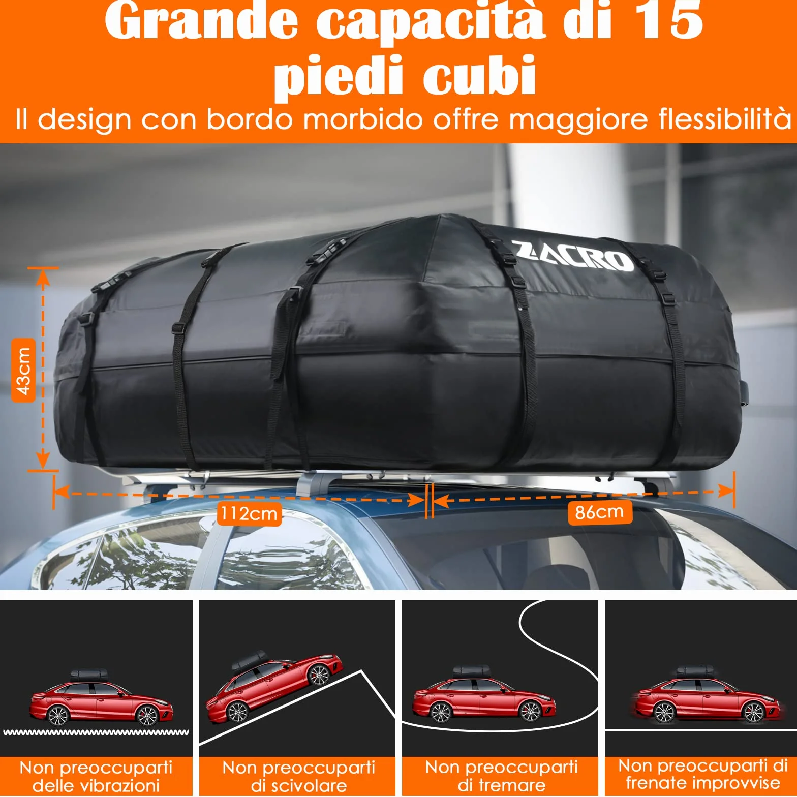 Zacro 425L Borsa Portatutto per Tetto Auto Cargo Bag Impermeabile Box da Viaggio, Nero