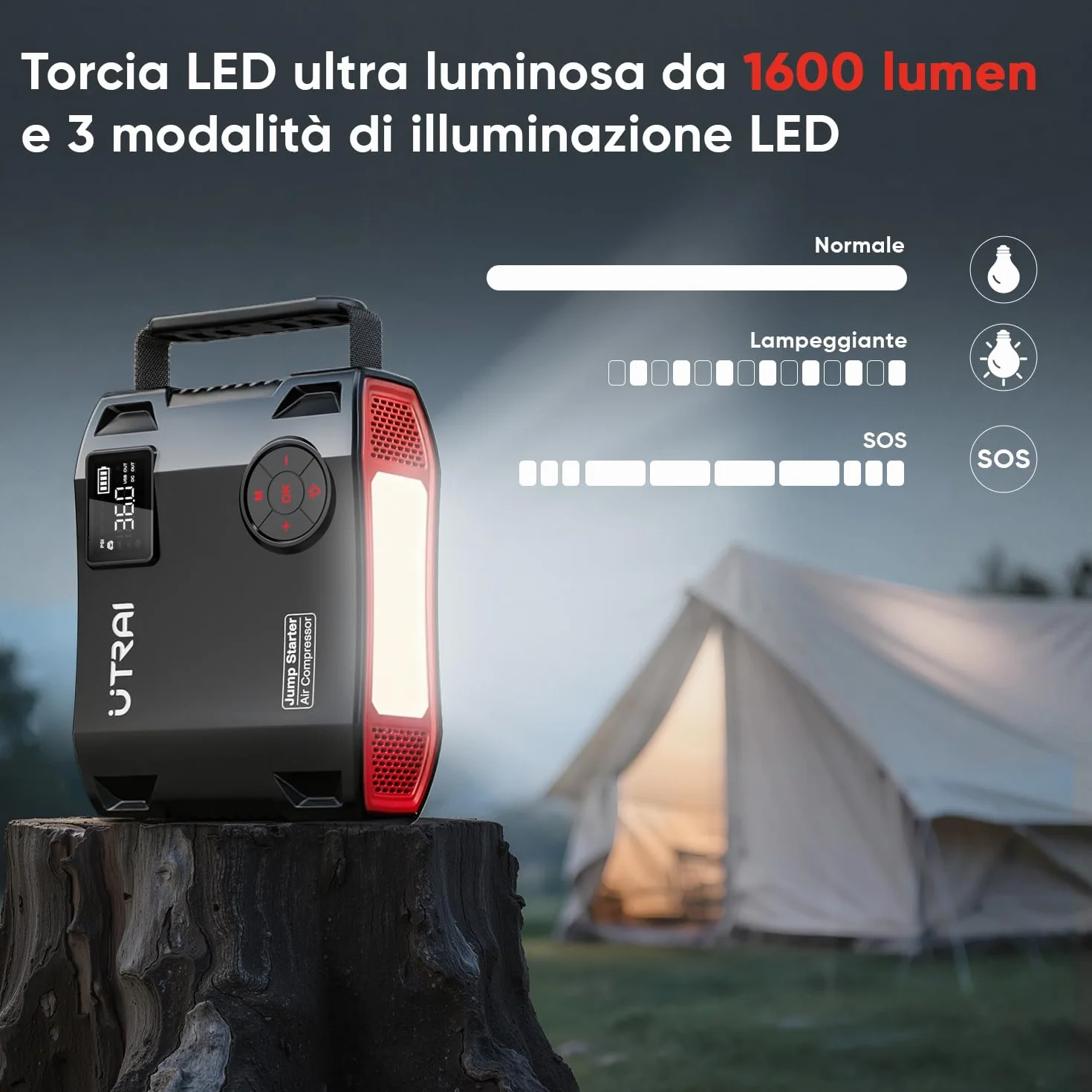 Avviatore Batteria Auto 8000A, UTRAI 27000mAh Avviatore Emergenza Auto con Compressore, DC160W Booster Avviamento Auto/Moto Portatile (Fino a Tutti i Benzina e 12L Diesel)/Doppia USB/1600 Lumen LED