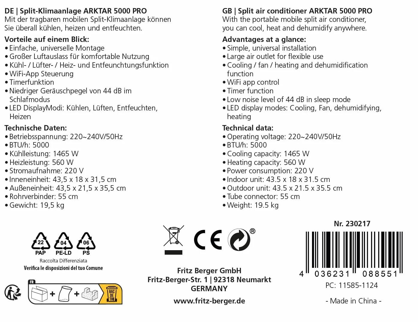 BERGER Arktar 5000 Pro Condizionatore Portatile Camper 5000 BTU Climatizzatore Split Riscaldamento Deumidificatore WiFi App Timer