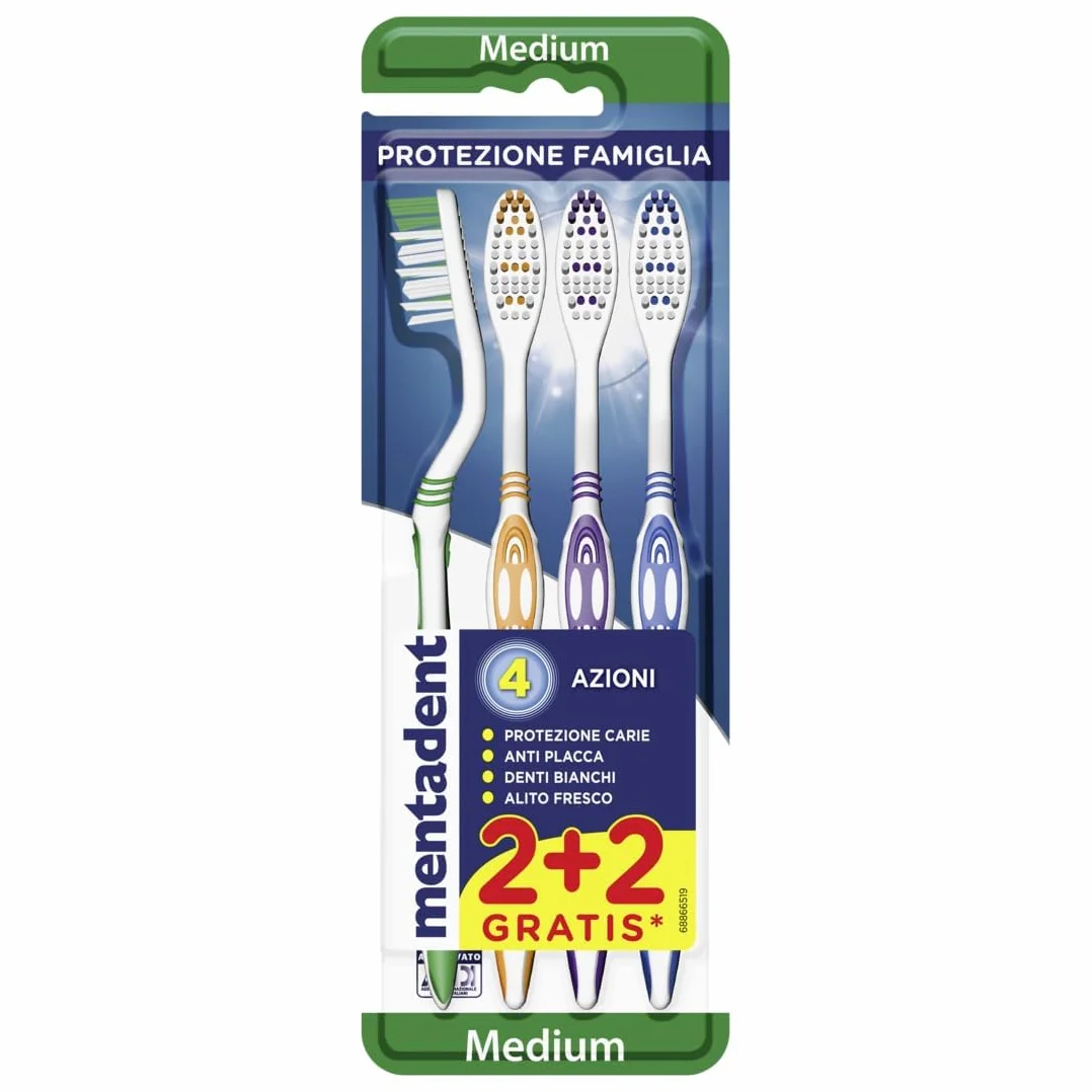 Mentadent Protezione Famiglia 4 Spazzolini Setole Medie Multi-angolazione Manico Tripla Angolazione Setole Lucidanti Pulisci-lingua Morbido