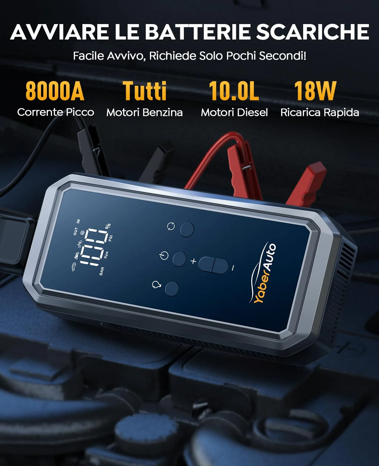 Avviatore Emergenza per Auto con Compressore 150PSI 8000A 21800mAh, YaberAuto Booster Avviamento Auto/Moto (Tutti Gas/10.0L Diesel), 12V Starter Batteria con Ricarica Rapida 18W,Uscita DC 160W,Torcia