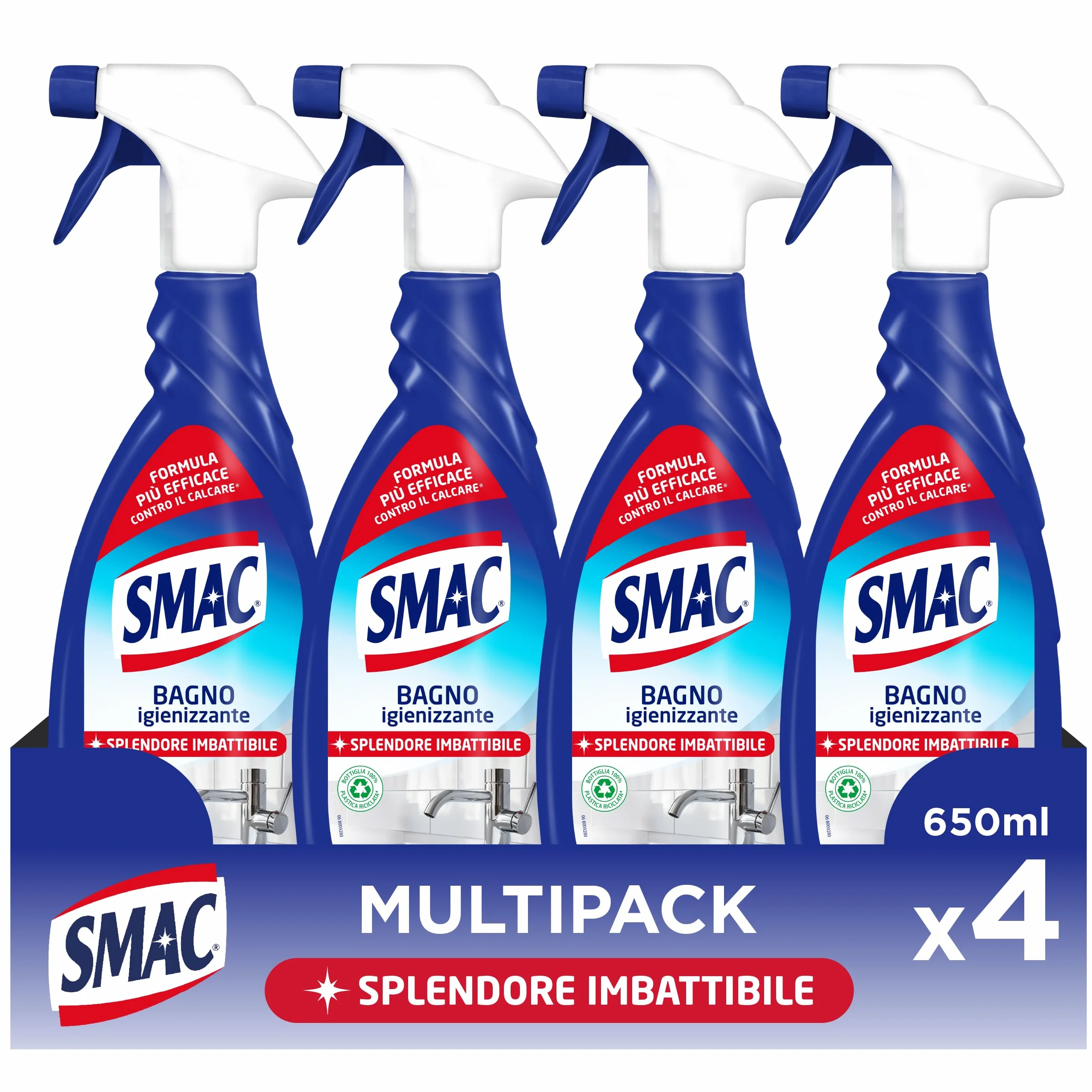 Smac Bagno Igienizzante Detergente Spray Multisuperficie Anticalcare 650 ml x 4 Pezzi
