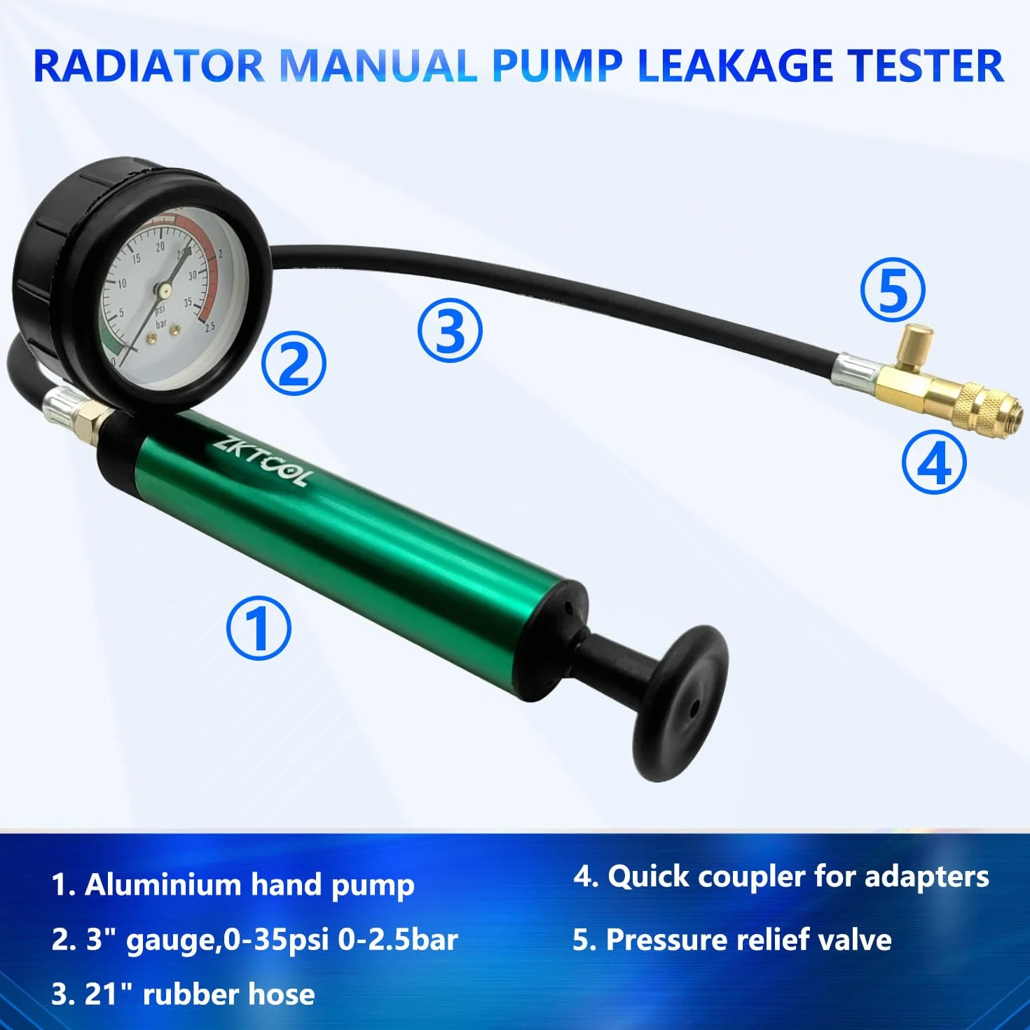 ZKTOOL Kit di prova della pressione del serbatoio del radiatore del motore, set di prova delle perdite del serbatoio dell'acqua, rilevatore di perdite di liquido refrigerante, strumento di riempimento
