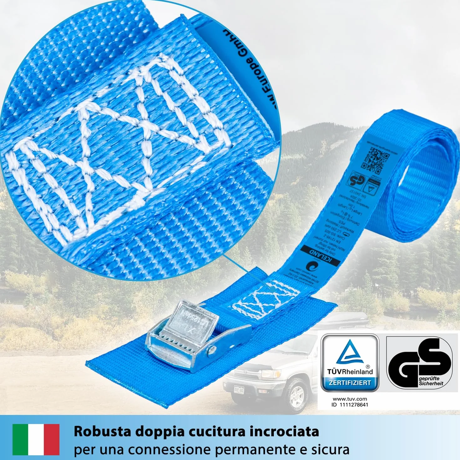 Valonic ICELAND Cinghie di fissaggio 25mm 250 Kg EN-12195-2 50cm blu