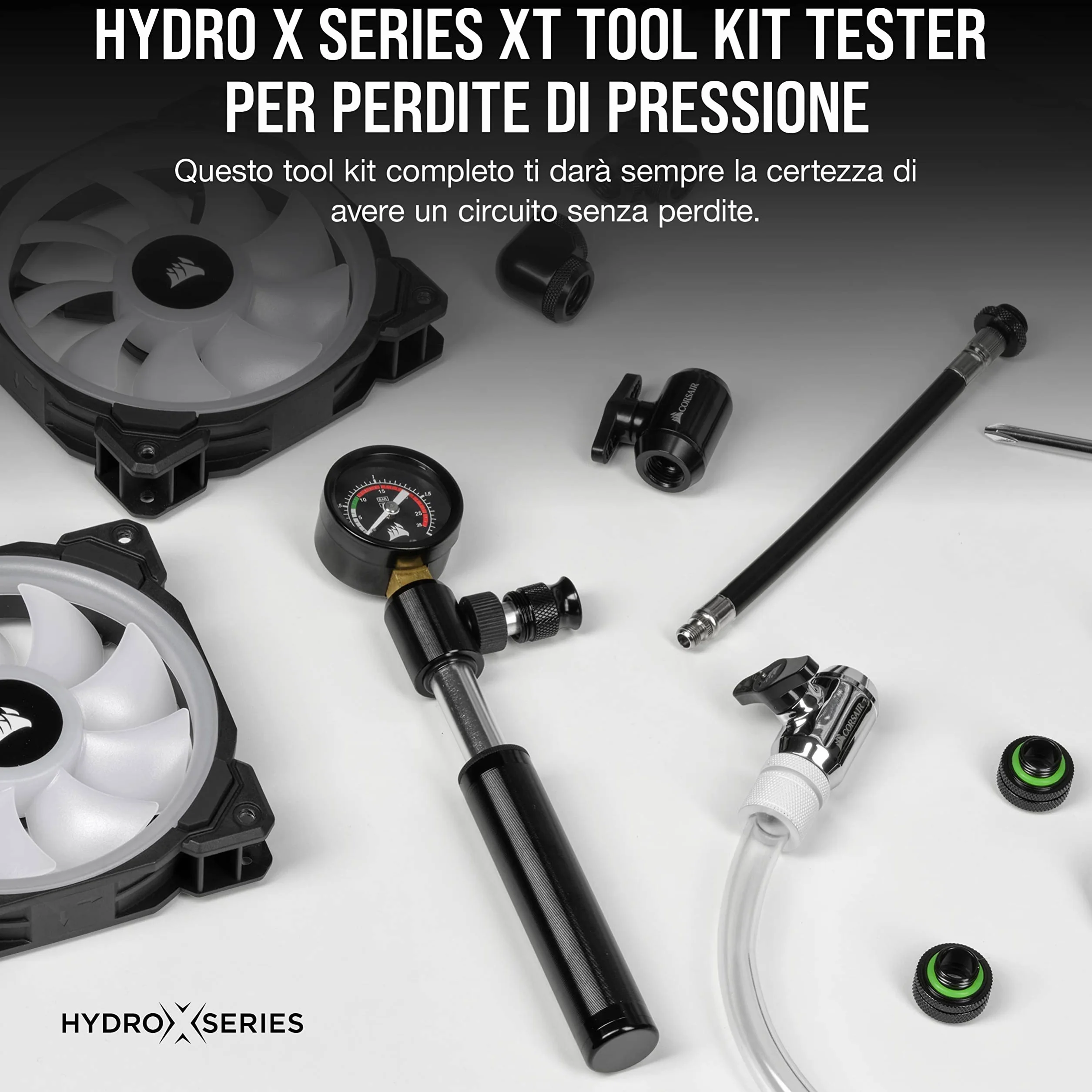 Corsair Hydro X Series XT Tester per perdite di pressione tool kit (Rapido e sicuro, Pompa pneumatica manuale inclusa, Letture accurate della pressione, Cavo da 20 cm) Nero (CX-9071002-WW)