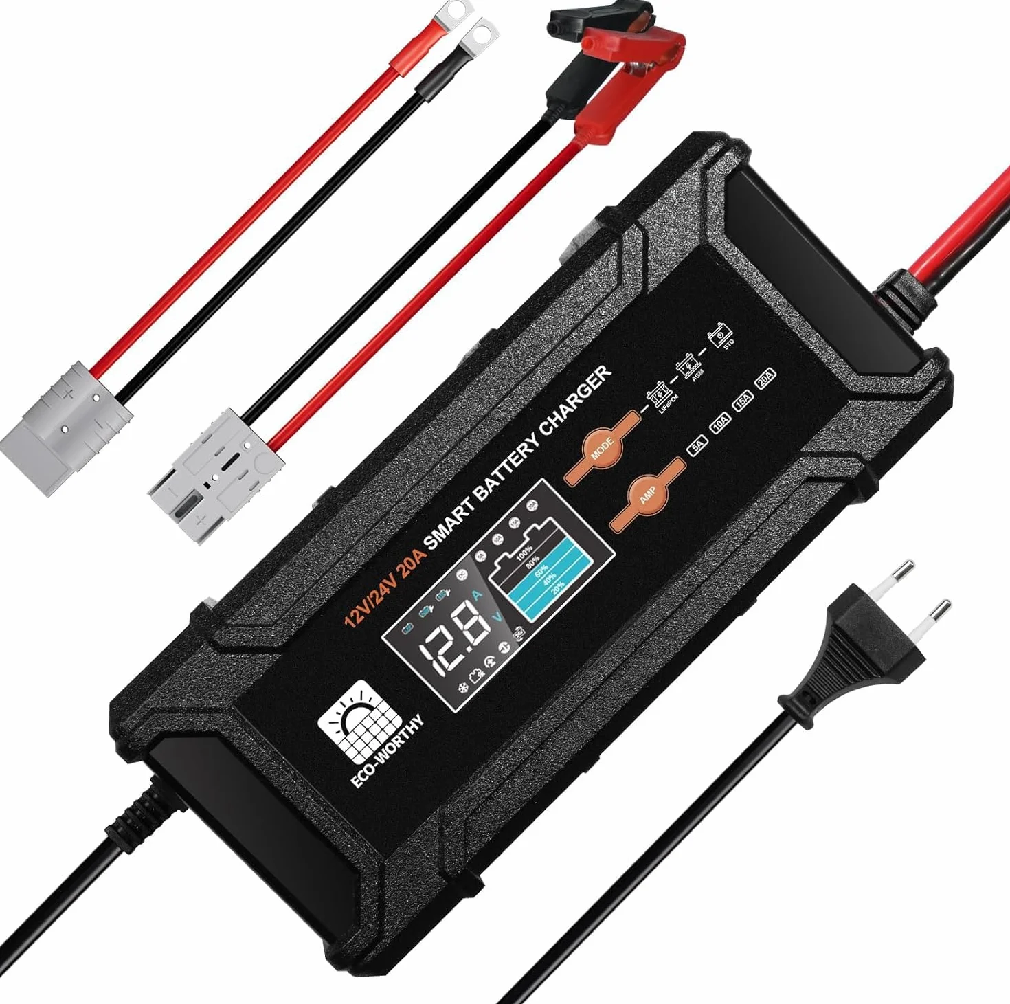 ECO-WORTHY 12V 24V 20A Caricabatterie LiFePO4 Rilevamento Automatico Piombo-Acido