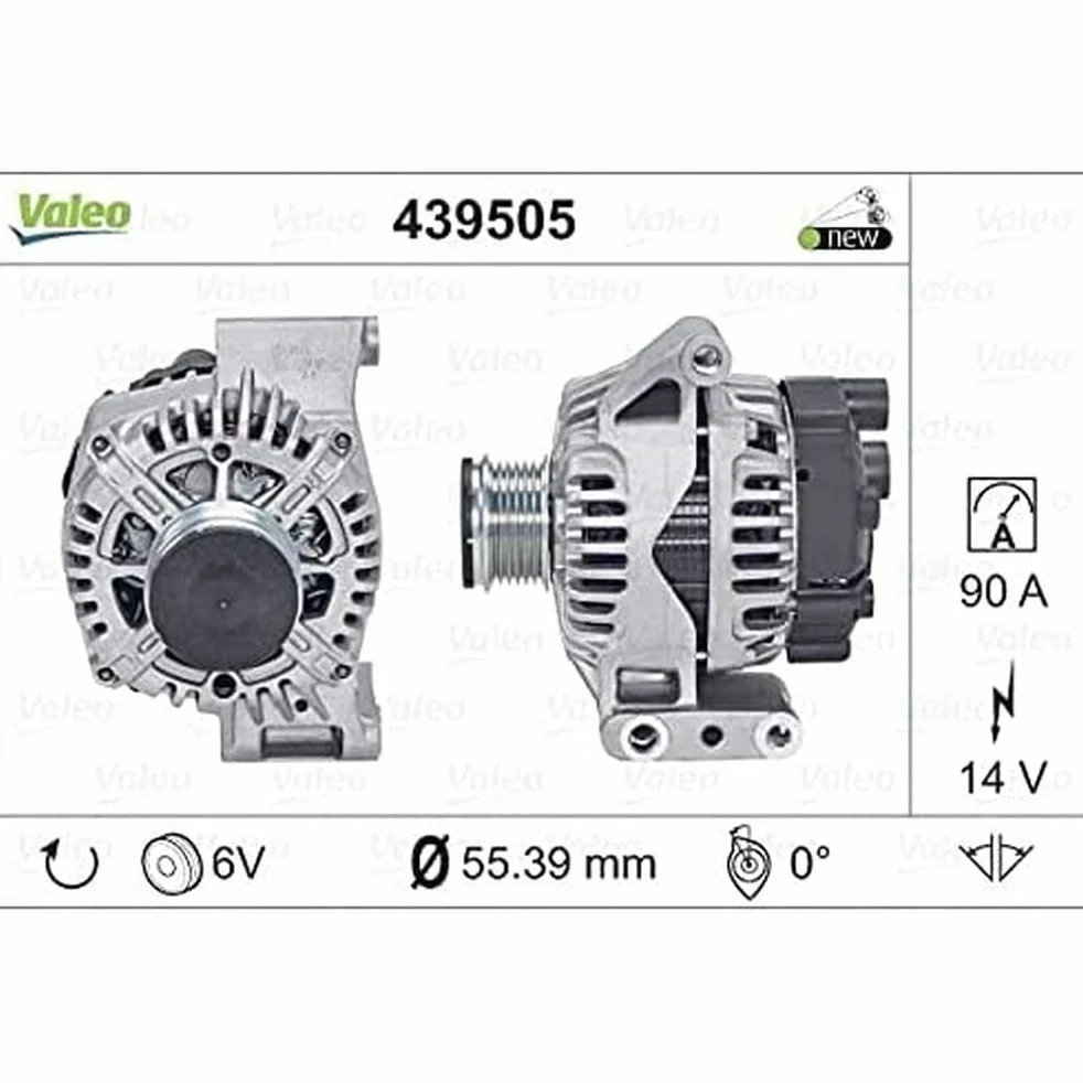 VALEO 439505 Alternatore Amperaggio: 90 Amp Alette: 6 alette Diametro puleggia: 55 mm Voltaggio: 14 V Direzione di rotazione: CLOCKWISE