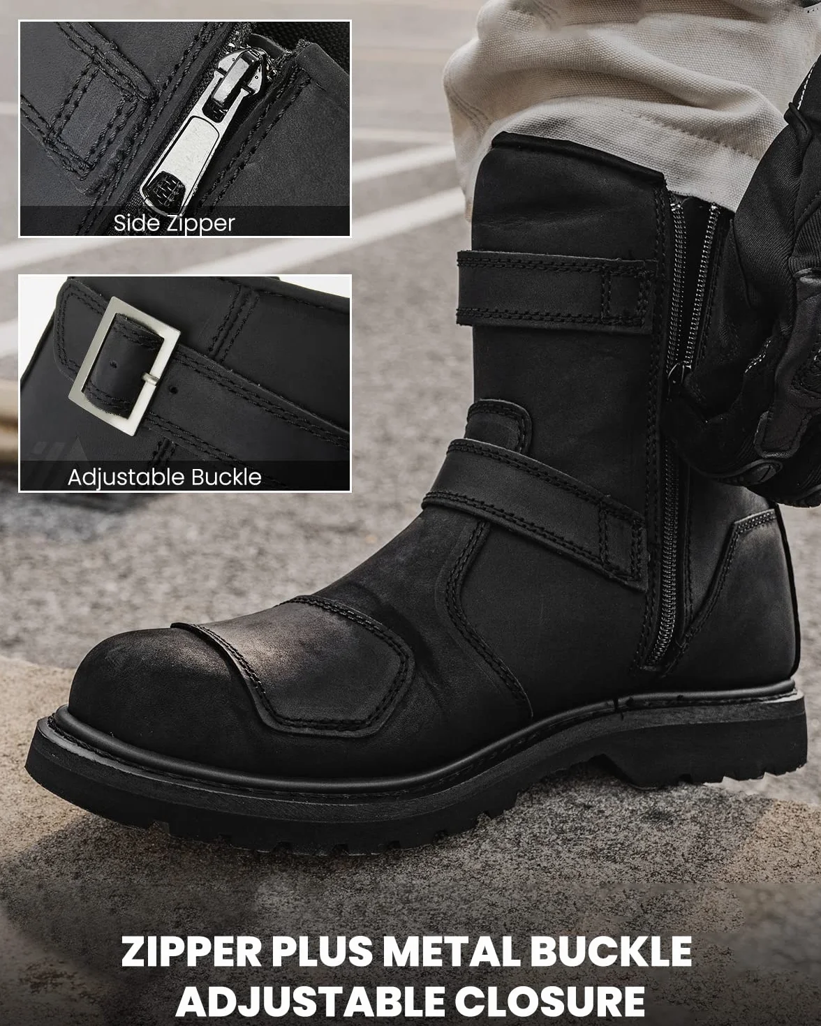 ILM Stivali Moto Uomo Donna Motocross in Pelle Nero con Cerniera Laterale M1005