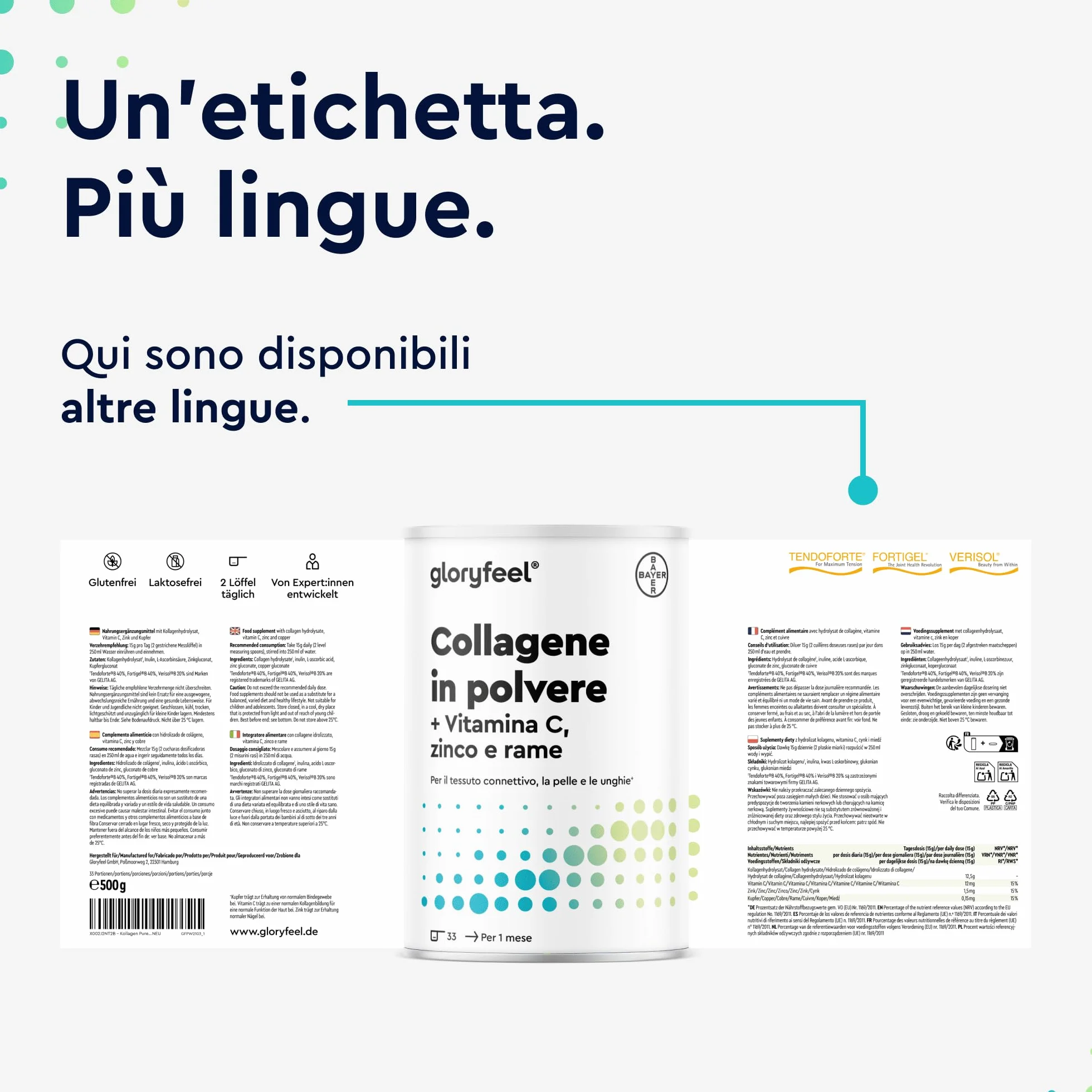 Collagene in Polvere GELITA AG 500 g 12500 mg Peptidi di Collagene con Vitamina C Antiossidante