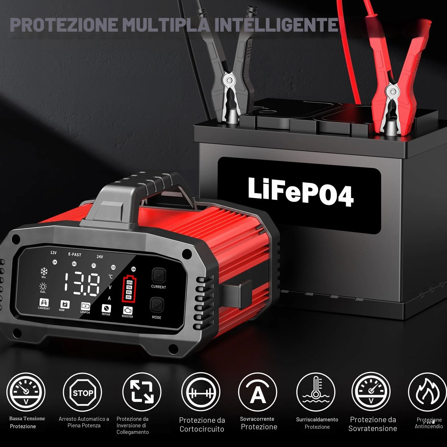 Caricabatteria da Auto 12V 25A 24V 15A LiFePO4 BOOSTER LED Intelligente AGM Gel SLA