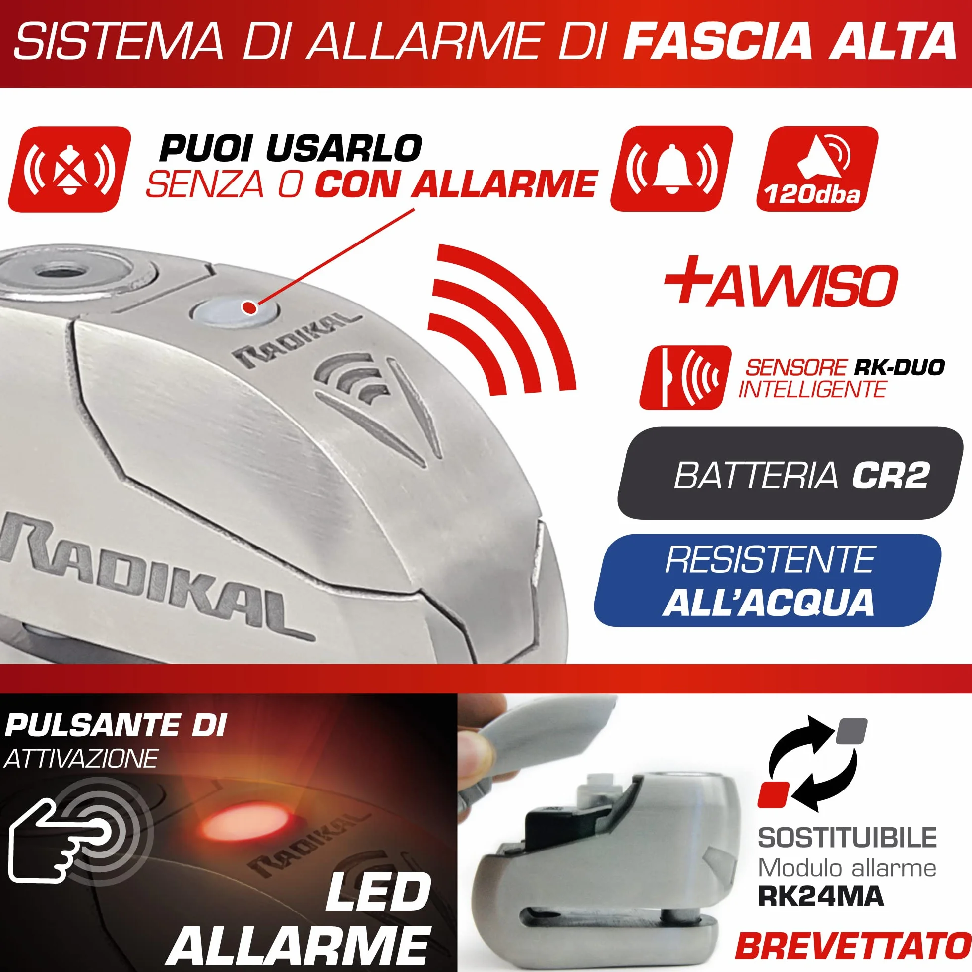 RADIKAL RK14S Antifurto Moto Blocca Disco Premium con Allarme | Attivazione a scelta, 120dB, Avviso LED, Warning Preallarme | Lucchetto Omologato SRA, Acciaio Inossidabile Doppio Bloccaggio ø14, Inox
