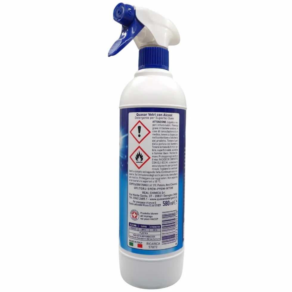 Quasar VETRI CON ALCOOL 580ml + Panno In Lattice SOFT 30x30, Non Lascia Aloni, Asciuga Rapidamente