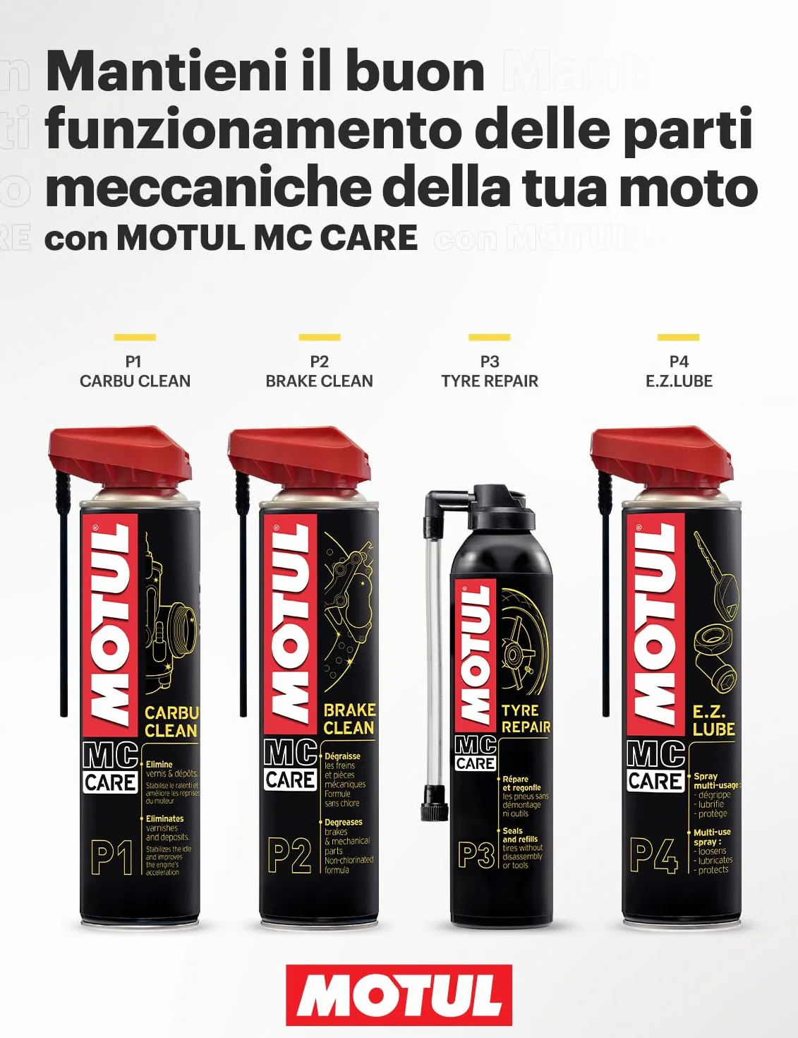 Motul - Aerosol Gonfiante e Riparante per Pneumatici Moto con o Senza Camera d'Aria - Riparazione Istantanea Senza Smontaggio né Attrezzi - MC Care Tyre Repair P3-300 ml