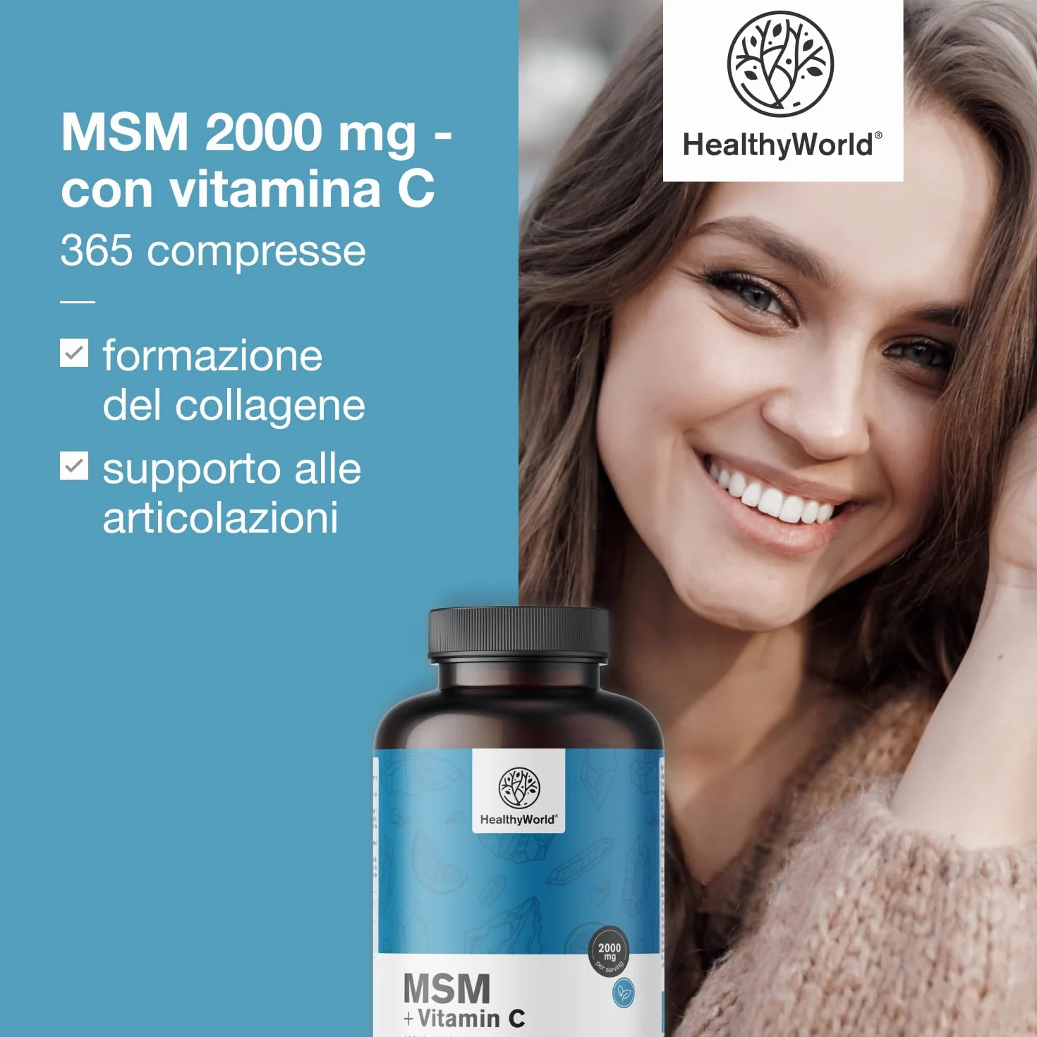 HealthyWorld MSM 2000 mg con Vitamina C 365 Compresse Alta Concentrazione Vegetariano