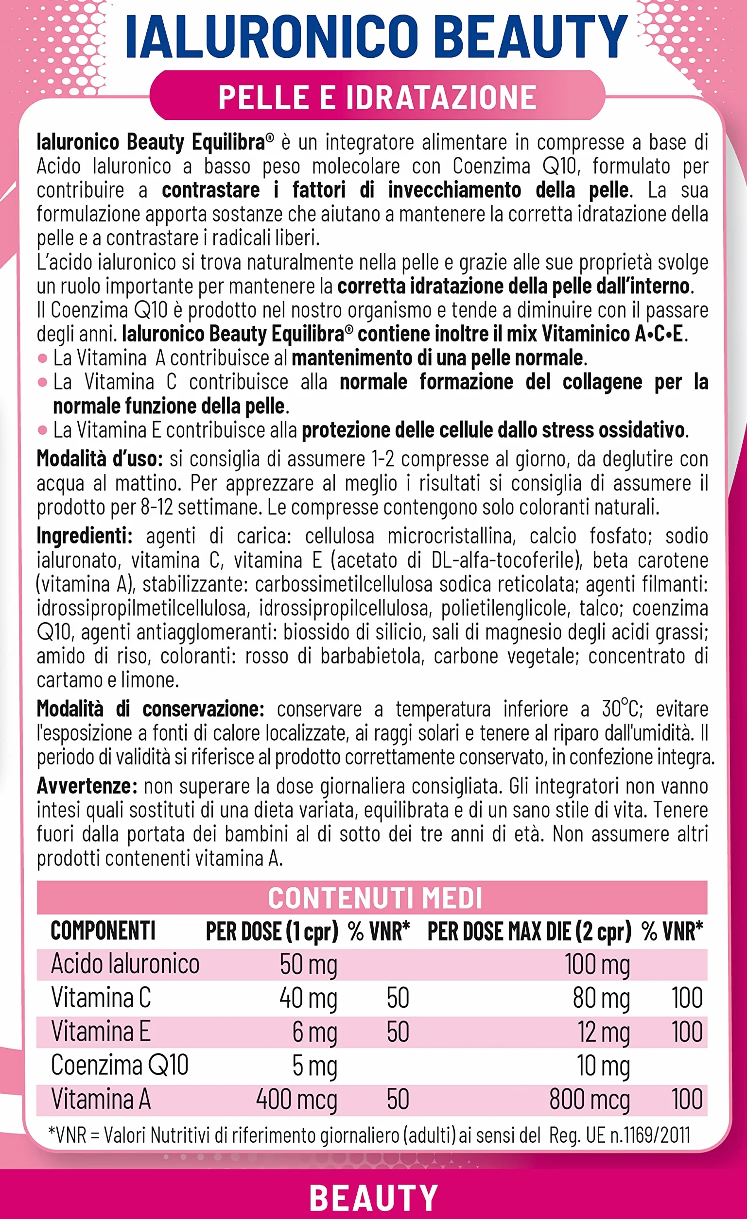 Equilibra Ialuronico Beauty Integratore Acido Ialuronico Basso Peso Molecolare Coenzima Q10 30 compresse