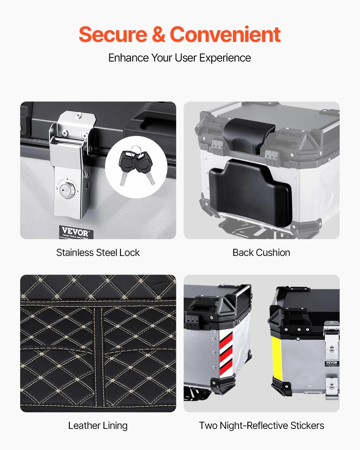 VEVOR Top Case Moto 45L Valigia Portapacchi Universale in Lega di Alluminio con Fodera in Pelle e Serratura